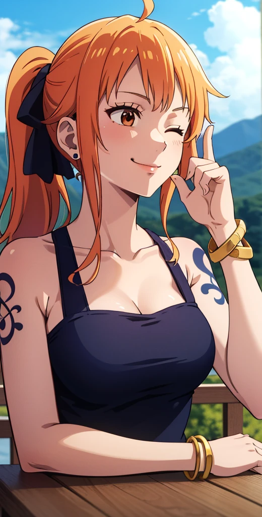 2d, masterpiece, best quality, anime, highly detailed face, highly detailed background, perfect lighting, wano, nami, 1girl, solo, one eye closed, long hair, smile, jewelry, obi, orange hair, earrings, (dominant girl, dominatrix), ahoge, ribbon, hair bow, sky, day, bracelet, sleeveless, ;\), blue bow, outdoors, breasts, cloud, closed mouth, ponytail, blue sky, brown eyes, orange eyes, left shoulder tattoo, bare shoulders, very long hair, sidelocks, bangs, collarbone, upper body, left arm tattoo, bare arms, official alternate costume, blurry, hand gesture, alternate costume, medium breasts, blurry background, large breasts, eyelashes, mountain, parody, cloudy sky, sitting, shiny hair, bangle, wavy hair,