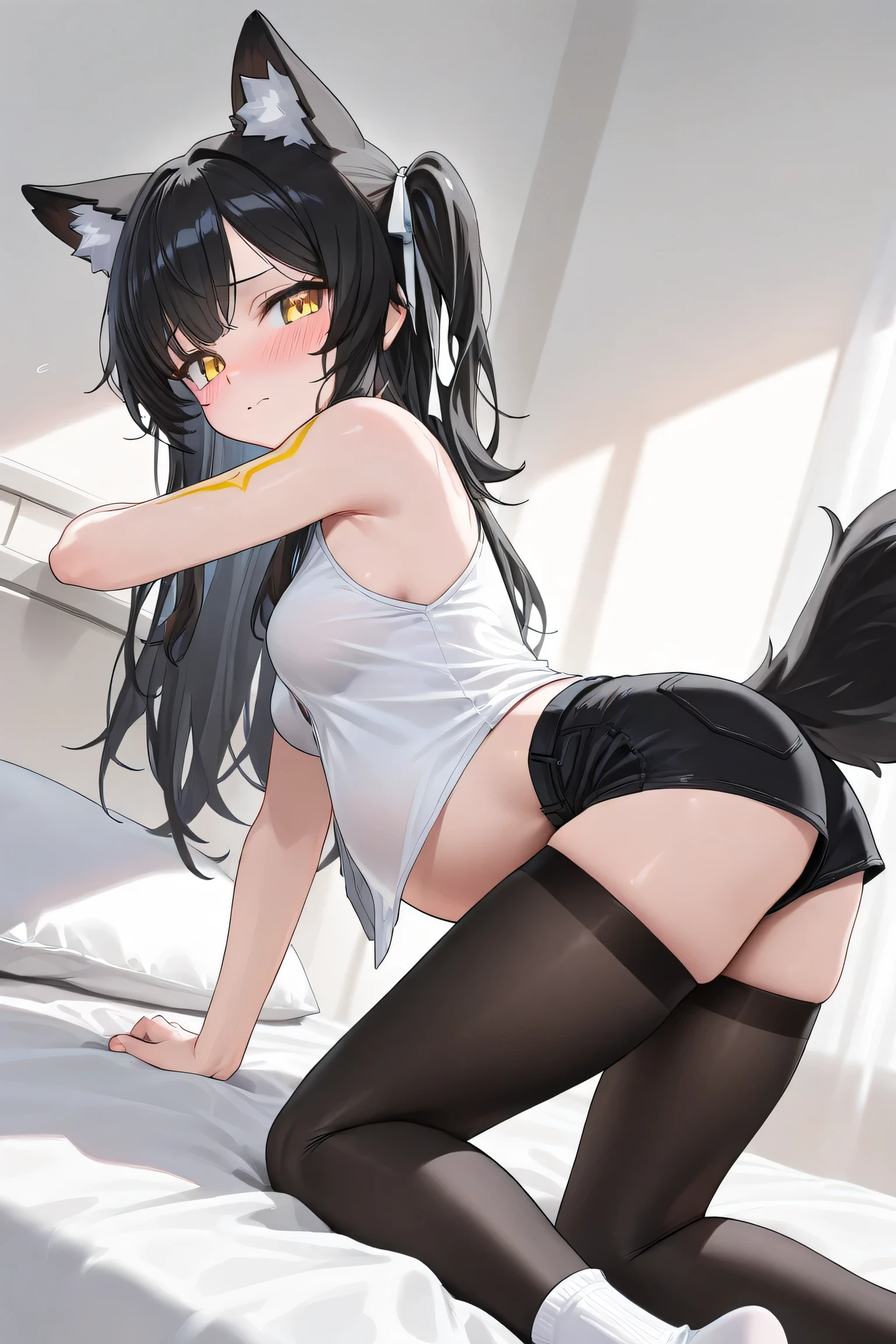 shy boy with cat ears with his mouth open, with his clothes all ripped, she wears very short shorts, shows her ass, showing her pussy and her little breasts