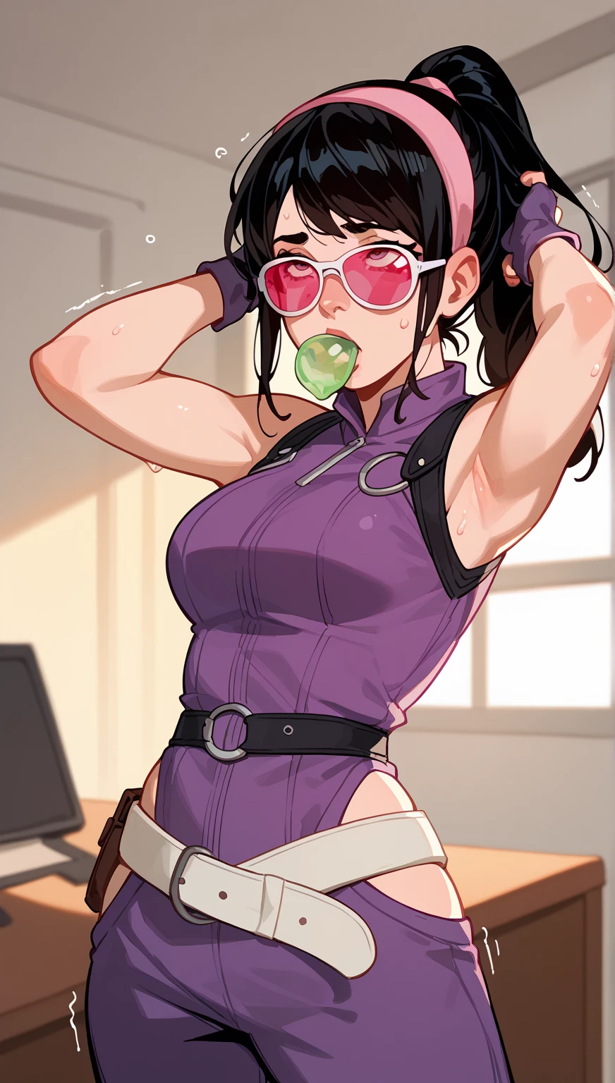best quality, afterglow, 4k, ((masterpiece)), , 8k,, Intricate, High Detail, Sharp focus, indoors, headphones, gloves, underwear, panties, vest, sleeveless shirt. masterpiece, absurdres, 1 teenage girl, Age 15 old, black hair, shoulder length hair, pure black eyes, frameless glasses, masterpiece, absurdres , (intricate details), (colorful),, (Medium Breast) [Beautiful Curvy butt]. Heart shaped Lips, Painted Lips shine. detailed eyes, blushed, looking at viewer. Detailed eyes