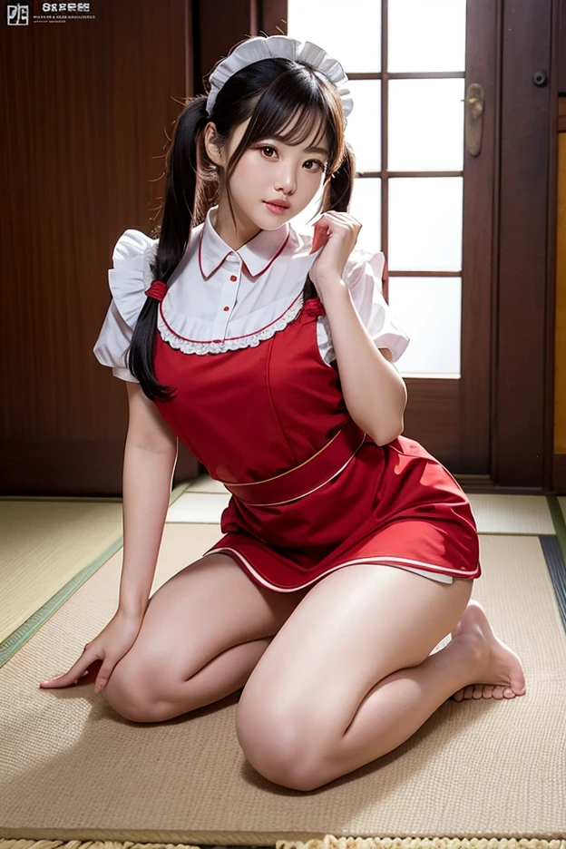 (Masterpiece, best quality), A beautiful girl with big breasts is depicted, wearing a bright red dress that hugs her curvaceous figure. Her long ponytail flows down her back, cascading over her shoulder. The dress's intricate details are accentuated by the soft, warm lighting that bathes the scene. The girl's face is flawless, with rosy cheeks and expressive eyes that sparkle with life. The image is rendered in photorealistic style with ultra-high resolution and 8K definition, every detail captivating in its perfection. Big Breasts, Beautiful Girl, Ponytail, Masterpiece, Best Quality, 8K, Photorealistic, Flaw