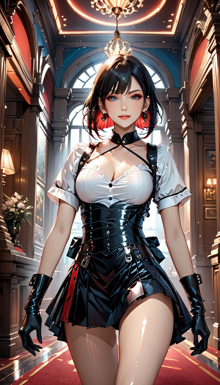 ((blood droplets)), ((blood)), ((blood splatter)), ((blood on clothes)), ((blood stain)), Masterpiece, Beautiful art, professional artist, 8k, Very detailed face, Detailed clothing, detailed fabric, 1 girl, standing, perfectly drawn body, big breasts, shy expression, pale skin, beautiful face, long black hair, Blue eyes, very detailed eyes, pink cheeks, choker:1.6, (white collar button down long sleeve shirt), black gloves, gloves that cover hands, (holds an ax with his right hand), (black leather corset), (shiny black leggings), Sensual Lips , evening de invierno,  show details in the eyes, looking at the viewer, Dark road, dark forest, evening, Atmosphere, fog