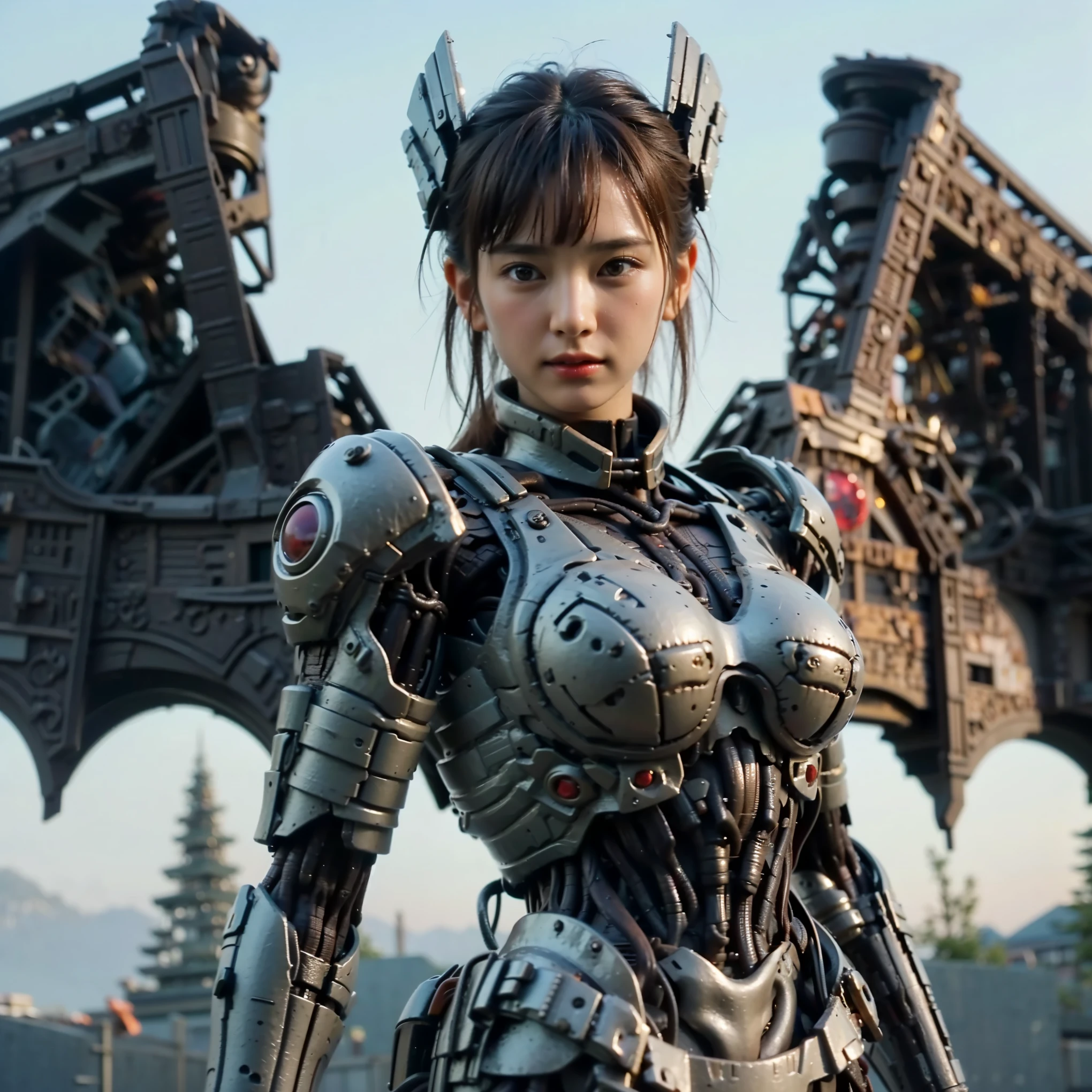 (Completely live action:1.37), (ultimate realistic textures:1.37), (masterpiece, best quality:1.2), (8k uhd, 16k, 32k, ultra-high resolution), ultimate realistic skin, ultimate realistic photo, superrealism, (photorealistic:1.37), (RAW photo), extremely realistic, (ultimate realistic all details), (ultimate realistic all textures), ultimate realistic lighting, ultimate realistic shadow, (japanese girl:1.5), ((young face)), smiling, happy, ultimate realistic face, (eye make:1.37), ultimate realistic skin, ultimate realistic eyes, ultimate realistic background, ultimate realistic detail up, kkw-ph1, ((ultimate intricate details, mechanical armor, glossy texture, metallic texture, silver hair))