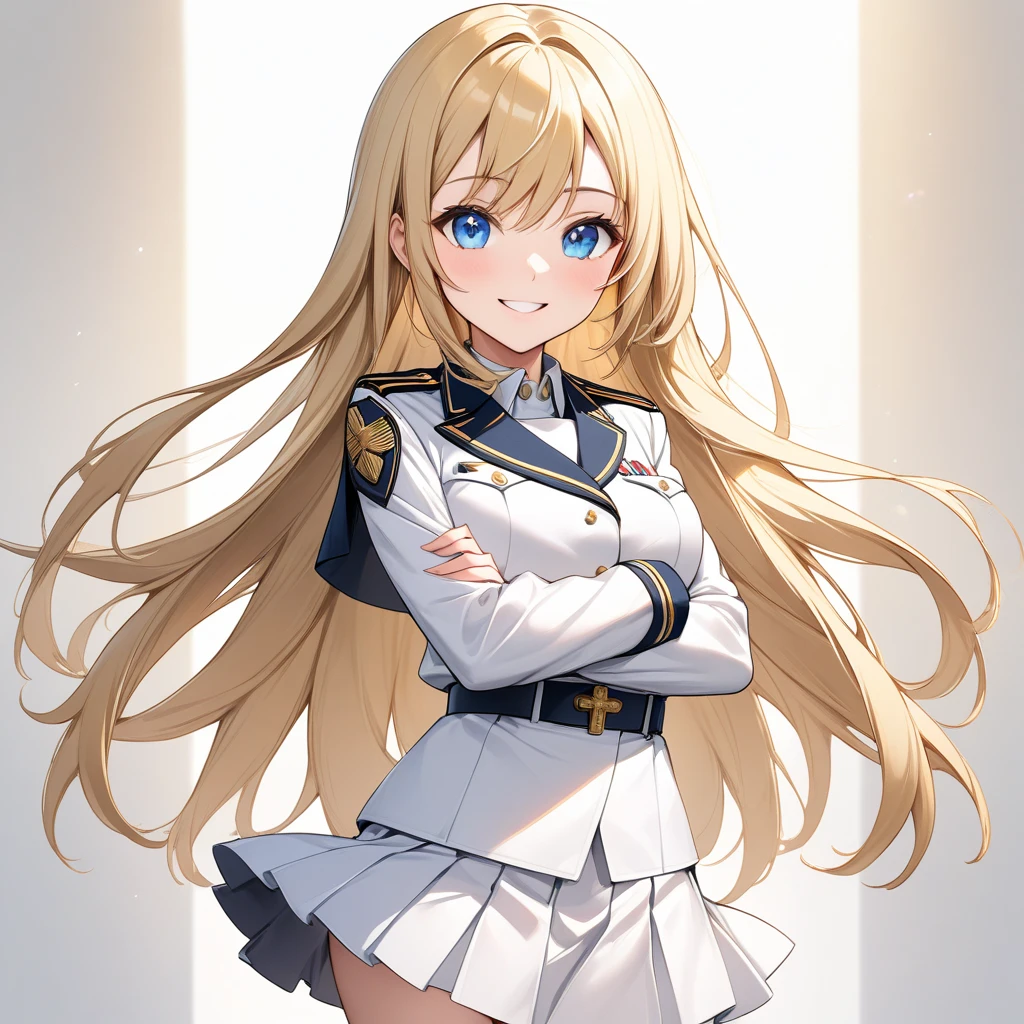 High resolution, high quality, HD, beautiful female, 1 female, beautiful, ager, cheerful, smiling, medium breasts, long straight hair, blonde hair, blue eyes, white military uniform, white skirt, shor skirt, white cape, black boots, cross arms