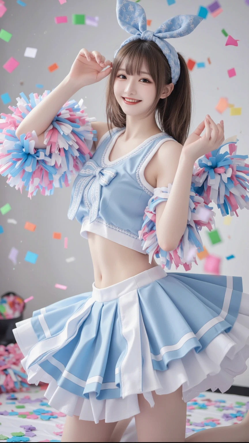 holding pom-poms ,(sexy panties:1.3),(realistic silk panties:1.3),(white panties:1.2),(Looking directly at Viewer:1.3),(Big eyes:1.2),(double eyelies:1.3),(long eyelashes:1.2),(Extremely beautiful face, Beautiful lips, Beautiful eyes),(big smile:1.5),(happy smile:1.5),32K,cheer leading uniform, (beautiful teeth:1.1), masterpiece, Raw photo, Best Quality, Photorealistic, Highly detailed CG Unity 32K wallpaper, intricate detailed face, ((Ultra detailed skin)) Super Idol, Clear eyes, thick thighs, drooping eyes