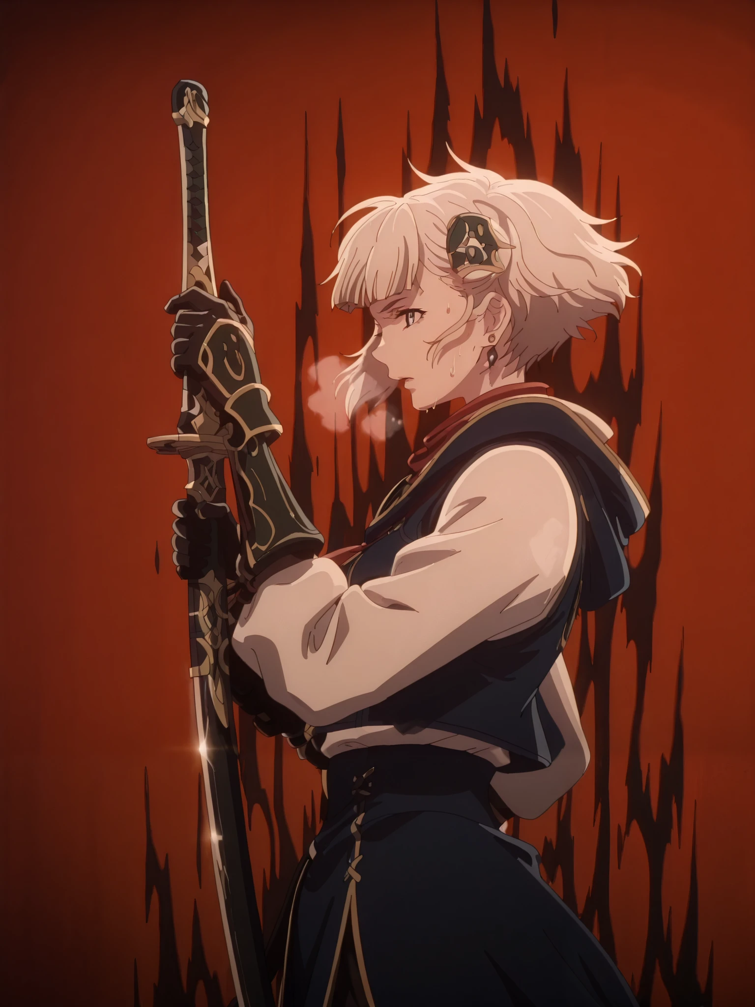 twotr, anime coloring, anime-style, anime screencap, detailed background, vignetting, masterpiece, high quality, absurdres, best quality, very aesthetic, newest, dynamic composition, anatomical correct, HD, 4K, digital art, trending on ArtStation, perfect body, perfect eyes, perfect fingers, gasping, heavy breathing, excessive sweating, sweating, sweating profusely, gasping profusely, cinematic, ((skindentation)), ((voluptuous)), meteora osterreich, white hair, short hair, blunt bangs, hair ornament, blue eyes, bright pupils, ((white outline)), (aura), (black aura:1.2), 1girl, weapon, solo, sword, red_background, earrings, jewelry, katana, holding_weapon, holding, simple_background, ear_piercing, sheath, holding_sword, mechanical_arms, piercing, cyberpunk, profile, from_side, sheathed, looking_at_viewer, cyborg, cropped blue blazer, white shirt, red necktie, blue skirt, black pantyhose,