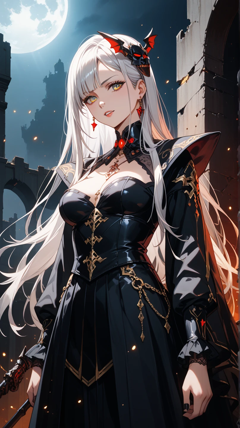 fantasy art, gothic art, (masterpiece:1.5), full body best details, highly detailed, best quality, Glowing Red, highres, full body portrait of a vampire, elf (Masterpiece, best quality: 1.6), ultra feminine, wizard, (intricate details, Masterpiece, best quality: 1.5) with a long curvy hair, light color hair, (red1.3) eyes, (fantasy art, Masterpiece, best quality), ((beautiful delicate face)), Ultra Detailed Face (intricate details, fantasy art, Masterpiece, best quality: 1.5), [[vampiric fangs 1.5]] (red cloak: 1.3) , flowing cloak (intricate details, fantasy art, Masterpiece, best quality: 1.3), wearing an intricate (black: 1.2) dress (intricate details, fantasy art, Masterpiece, best quality: 1.5), high heeled boots, urban background (intense details, beat details), fantasy, at night light, natural ,moon light, clouds, gothic atmosphere, soft light, dynamic light, [[anatomically correct]], high details, best quality, 8k, [ultra detailed], masterpiece, best quality, (extremely detailed), dynamic angle