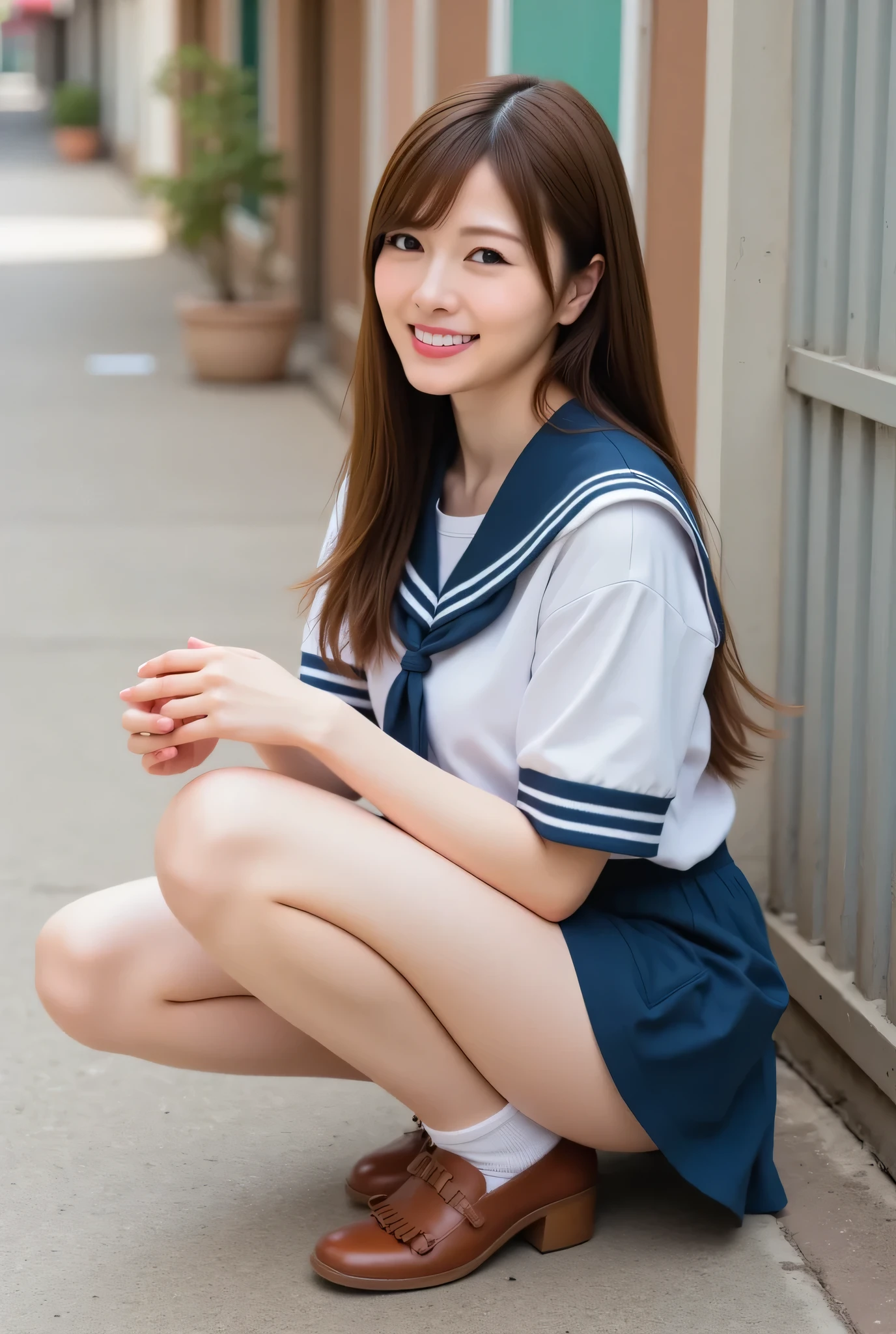 Japanese women like idols , long hair , straight hair , round face , sailor suit , as shown in the picture, squats , pant shot,full body, white socks,brown loafers,Expand Your Legs、 white panties ,((kiss scene with fat man watching e gi, Viewer)).live-action , Genuine, cute young girl , beautiful reflective eyes , beautifully detailed lips , very delicate eyes and face , long lashes, sensual expression, (8K HDR), super detailed texture , Nogizaka face variations, professional photography, 軽いsmile, {(Direct View)| No comics }.simple background,Focus on Your FACE,close-up,Japanese Female, smile, Detailed Expression,Japanese actress high resolution pictures, 8k, RAW photo, (Top Quality, masterpiece), (realistic, photorealistic:1.2), complicated details, sharp concentration, cinematic lighting with heart on the left, portrait, Alone, Elegant Woman, beautiful face, detailed faces, Captivating detailed eyes, sophisticated nose, PALE SKIN, kiss scene with fat man watching e gi at camera, sexy pose and sensual expression for gravure photography, Details Hand , Thin fingers, perfect hands, outdoor, downtown, ,