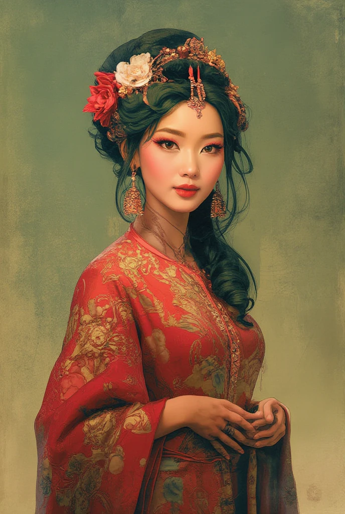 create illustration a woman wearing beautiful Indonesian kebaya