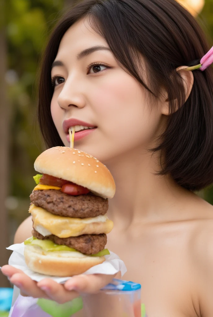 (((best quality))),(((ultra detailed))),(((masterpiece))),illustration,((1girl,solo)),(straight black bob hair:1.2),((slim,thin)),((small breasts,flat chest)),sitting,(in KFC:1.3), (burgers and drink on the table:1.2),((white collared shirt, white strap tank top, white pants)), clean, fresh, bright face, sparkling eyes, rosy cheeks, beautiful smile, white teeth, neatly combed hair,soft hair,V-neck, collarbone, sexiness,visible, natural, carefree, high-waisted, slender waist, taller, bustling restaurant, other customers, enjoying meals, chatting, bright lighting, warm atmosphere, joy, relaxation, cute appearance, carefree attitude, visually appealing, heartwarming,((upper body,from front))