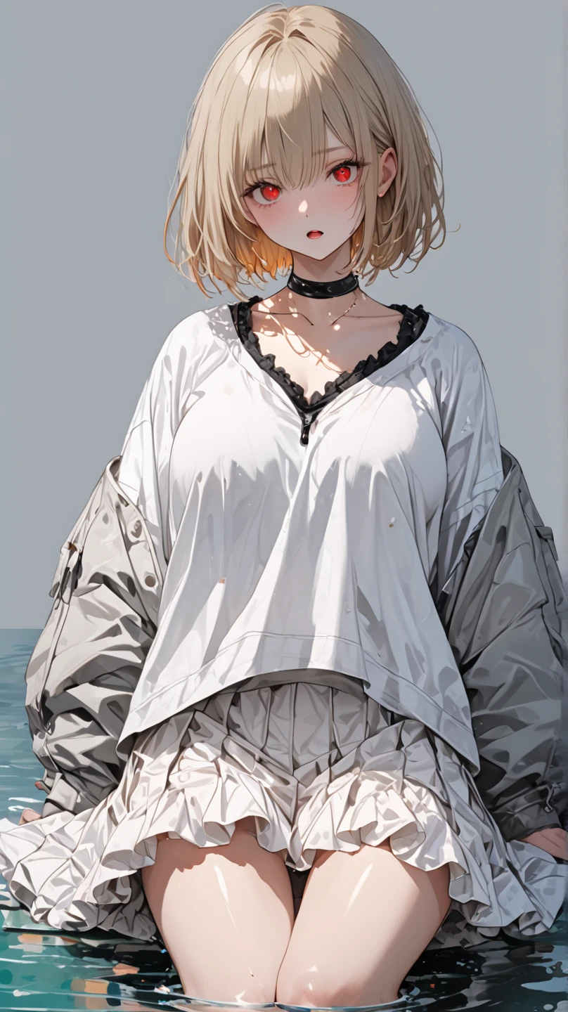 score_9, score_8_up, score_7_up, unaestheticXL_cbp62, 16K,((masterpiece:1.3)), (super detailed, RAW color photo:1.3), (best quality), Incredibly absurd high resolution, very aesthetic, Absurdity, (Anatomically accurate depiction:1.3), masterpiece digital art, BREAK Beautiful attention to detail, ((BREAK finely detailed eyes and detailed face:1.3)), (skin like porcelain:1.3), 1girl, cool anime characters, (wistful expression, slightly opening the mouth), (red eyes:1.3), (bright pupils:1.5), , (very nasty:1.5), (Mixed gray and light brown color hair, crew cut:1.3), (wearing is clearness jacket, over size white shirts, very simple black neckless, white frill skirt, showing collarbones:1.3), full body, full shot, Look at outside, background/(morning, Colorful paint drips onto the water surface and spreads out, /)