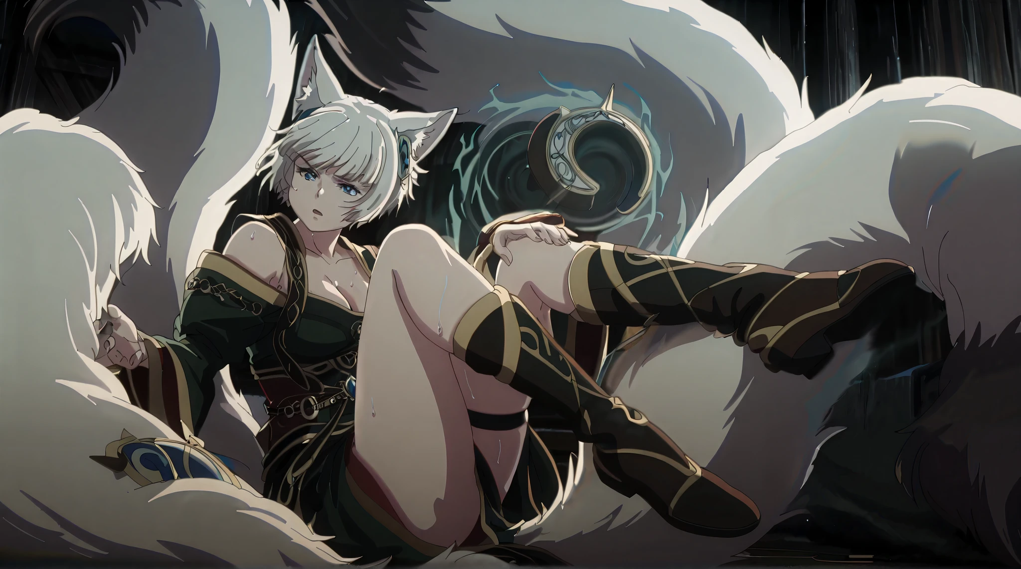 twotr, anime coloring, anime-style, anime screencap, detailed background, vignetting, masterpiece, high quality, absurdres, best quality, very aesthetic, newest, dynamic composition, anatomical correct, HD, 4K, digital art, trending on ArtStation, perfect body, perfect eyes, perfect fingers, gasping, heavy breathing, excessive sweating, sweating, sweating profusely, gasping profusely, cinematic, ((skindentation)), ((voluptuous)), meteora osterreich, white hair, short hair, blunt bangs, hair ornament, blue eyes, bright pupils, ((white outline)), (aura), (black aura:1.2), 1girl, korean_clothes, tail, solo, breasts, fox_tail, multiple_tails, bare_shoulders, looking_at_viewer, detached_sleeves, cleavage, sitting, fingernails, nail_polish, boots