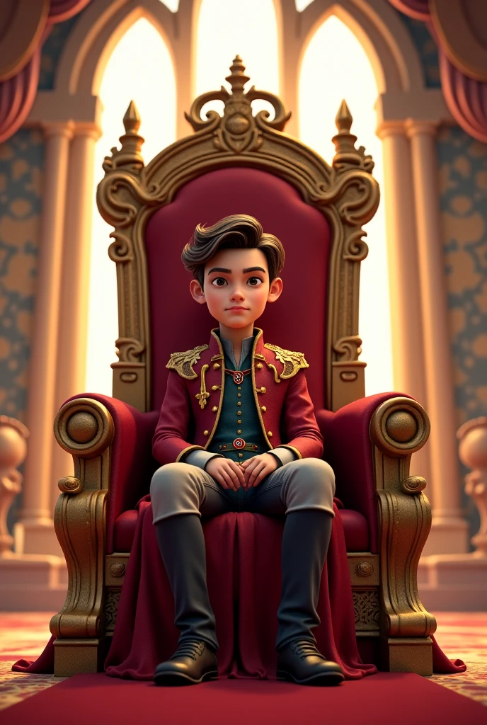 An 1 boy sits on the throne with the crown on his side with a Machiavellian smile
