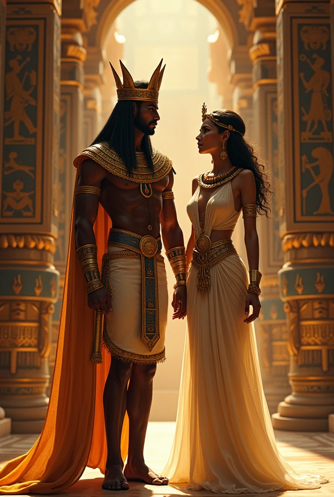 Create a scene where Shu and Tefnut interact in Egyptian mythology, symbolizing the balance of air and moisture. Shu is depicted with a strong, protective stance, holding up the sky, while Tefnut is beside him, gently guiding the flow of water to the earth. Both are dressed in traditional Egyptian clothing with symbolic jewelry, and their expressions show mutual respect and harmony. The background features the Egyptian desert meeting the fertile Nile, with ancient temples in the distance. Use masterpiece, best quality, CG, wallpaper, HDR, high quality, ultra detailed face, cinematic, high detail, 8k, raw, high, artstation HQ, unreal engine, octane renderer, 4k resolution, hyperrealistic, highly detailed, and absurdres settings