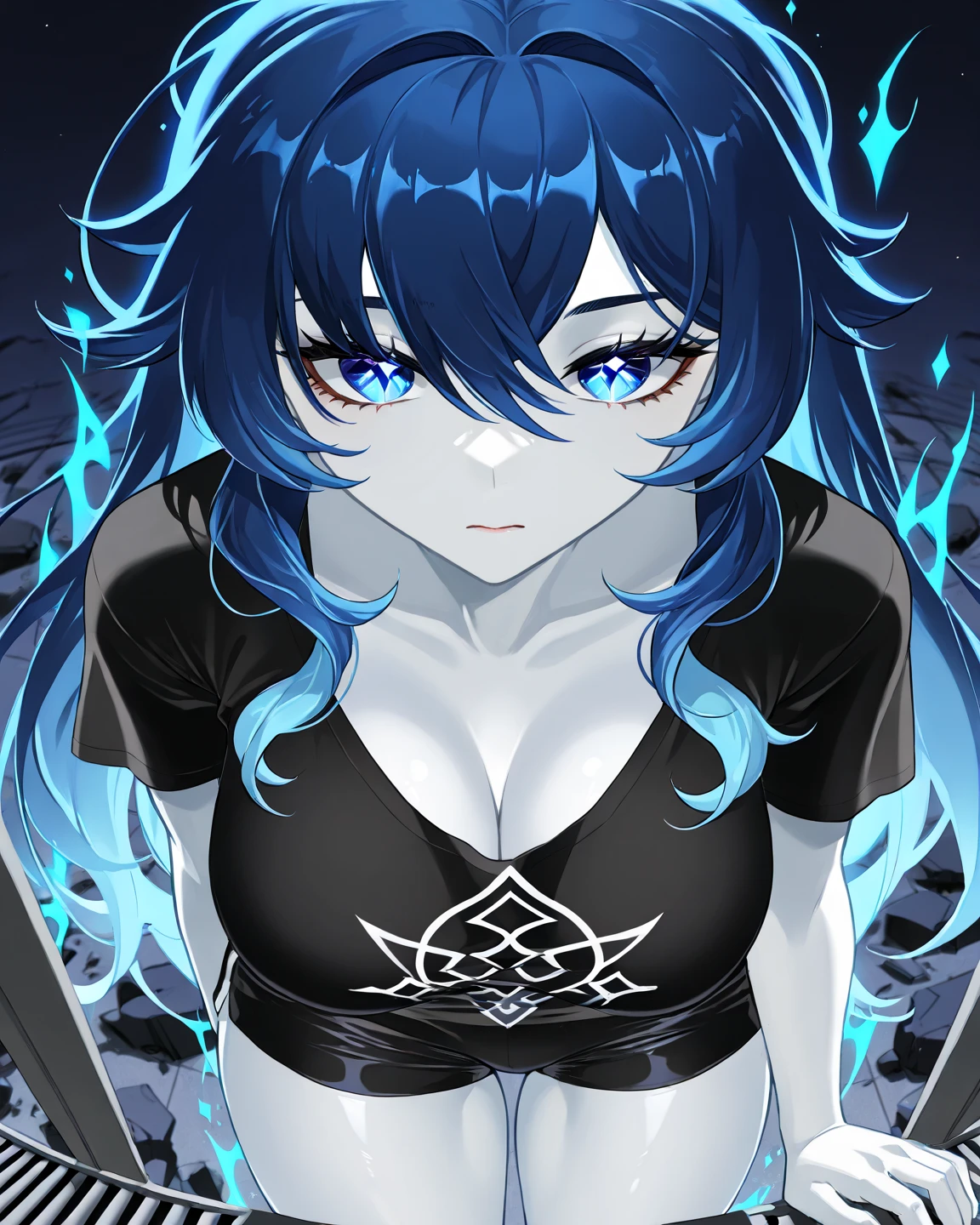black hair　blue eyes　blue flame　dark dark　cool　tooth　double teeth　wild　Beauty　Lumbar cloak