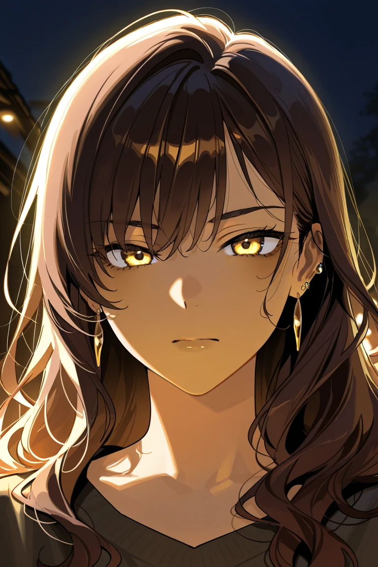 Long dark brown hair, loose curls, yellow/gold eyes, dark olive skin, night, stealth,