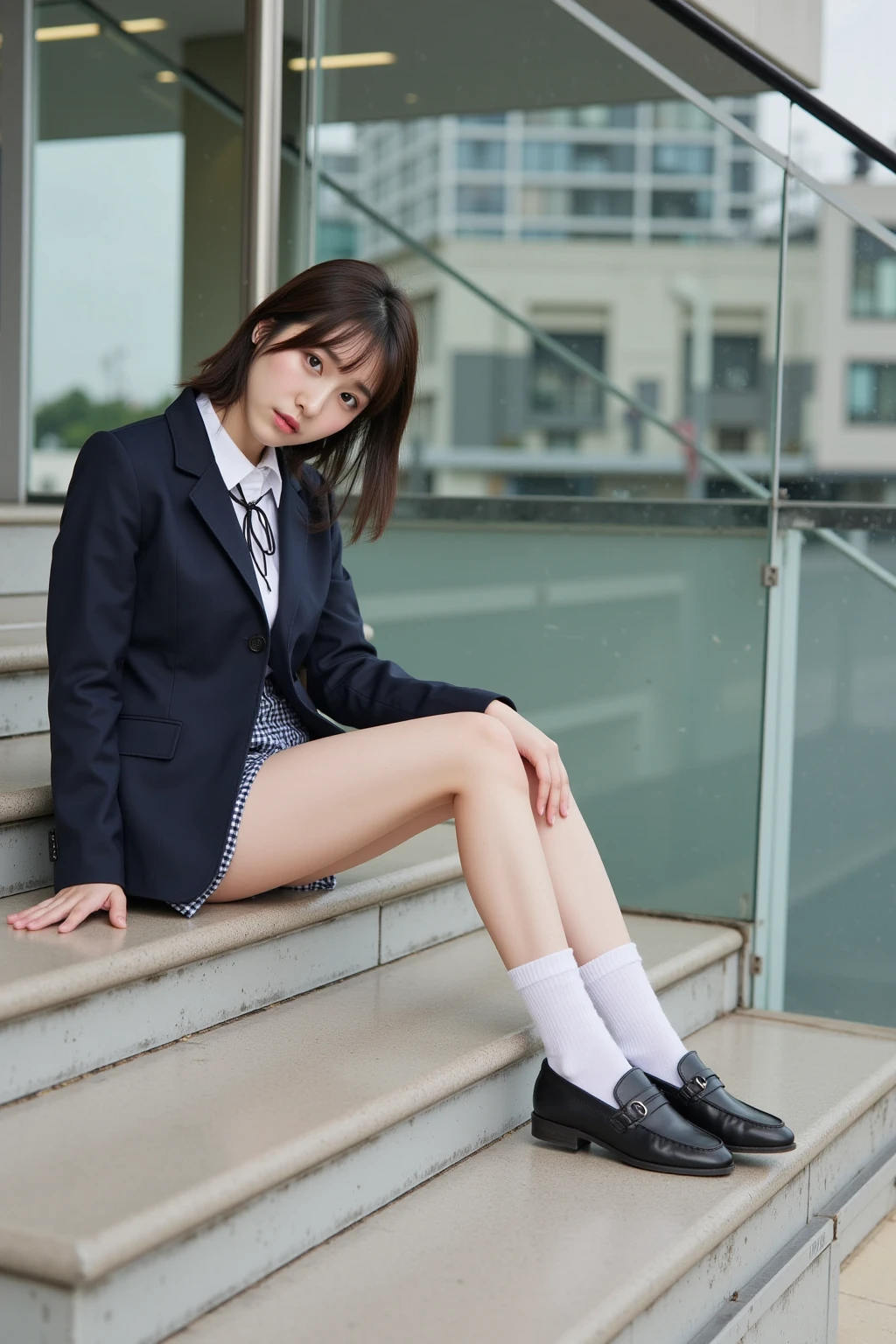 Dark blue blazer、white  shirt、Red Big Ribbon、Super Mini Flared Skirt, Red tie, White socks, lowfers,Light brown fringe short hair、Light brown eyes、1girll、(Photorealsitic)、(intricate detailes:1.2)、(​masterpiece、:1.3)、(top-quality:1.4)、(超A high resolution:1.2)、超A high resolution、(A detailed eye)、(detailed facial features)、nffsw、8K resolution、、(lensflare:0.7)、sit on stairs、Open your legs、Raise both legs、beauty legs、Seductive thighs、Emphasis on the thighs、facing the front there、from below、Skyscrapers、Sunset between buildings