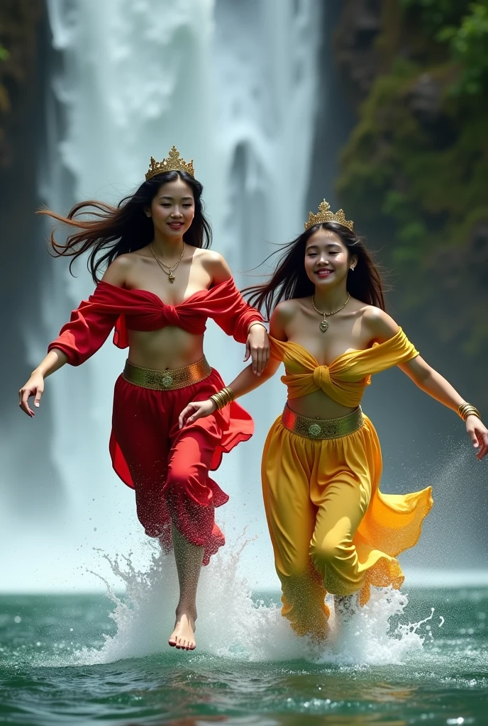 Thai beauties are dancing in red and white Thai dresses with beautiful flowing chiffon skirt patterns. Wearing a crown of diamonds, arms, wrists, and ankles, the backdrop is a waterfall along a high mountain stream, soft light.