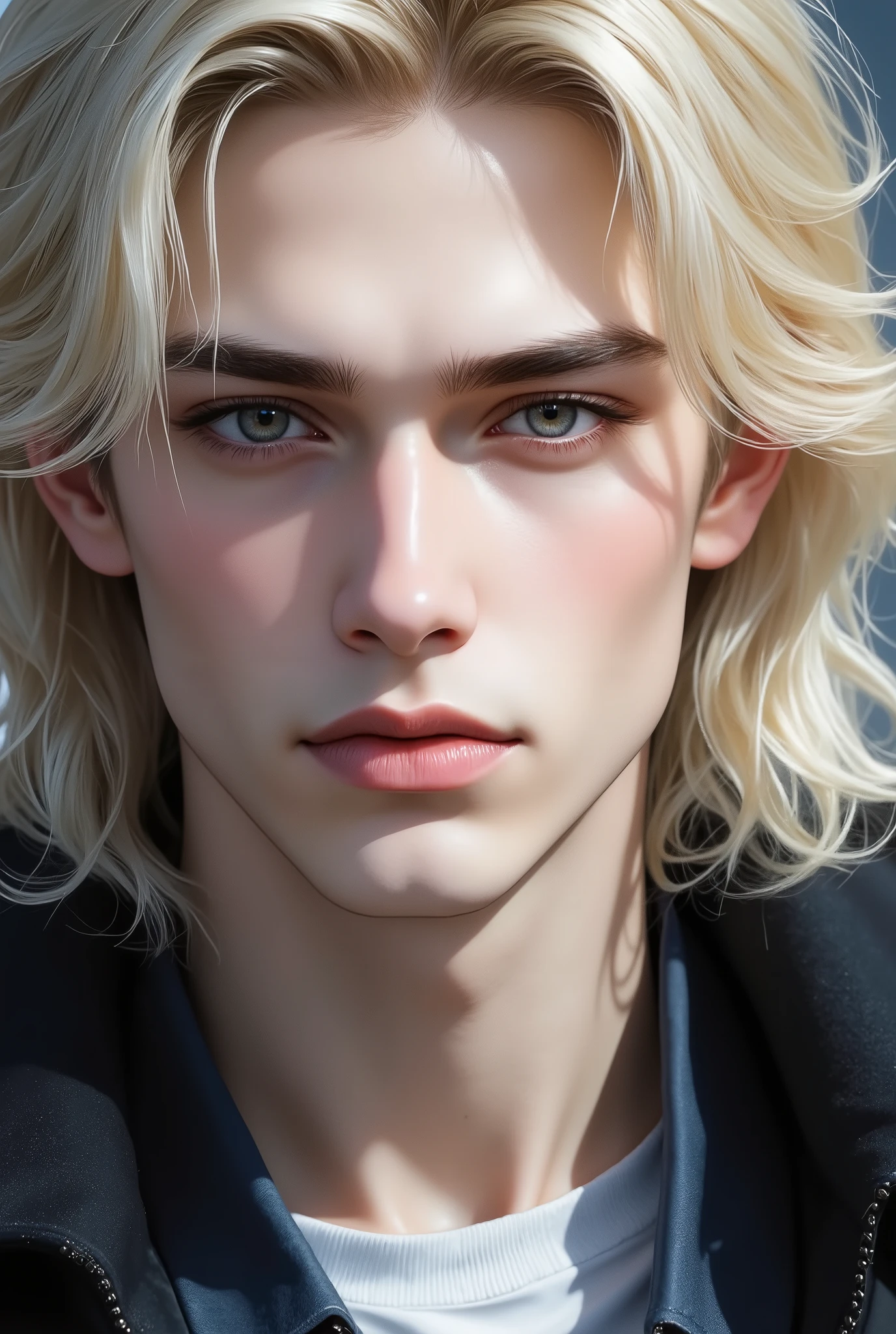 Boy, long blonde hair, dark blue eyes, serious sharp features, light white skin, shiny pink lips, handsome, perfect, elegant, like a model, wearing formal winter clothes, high quality resolution, clear bright colors.