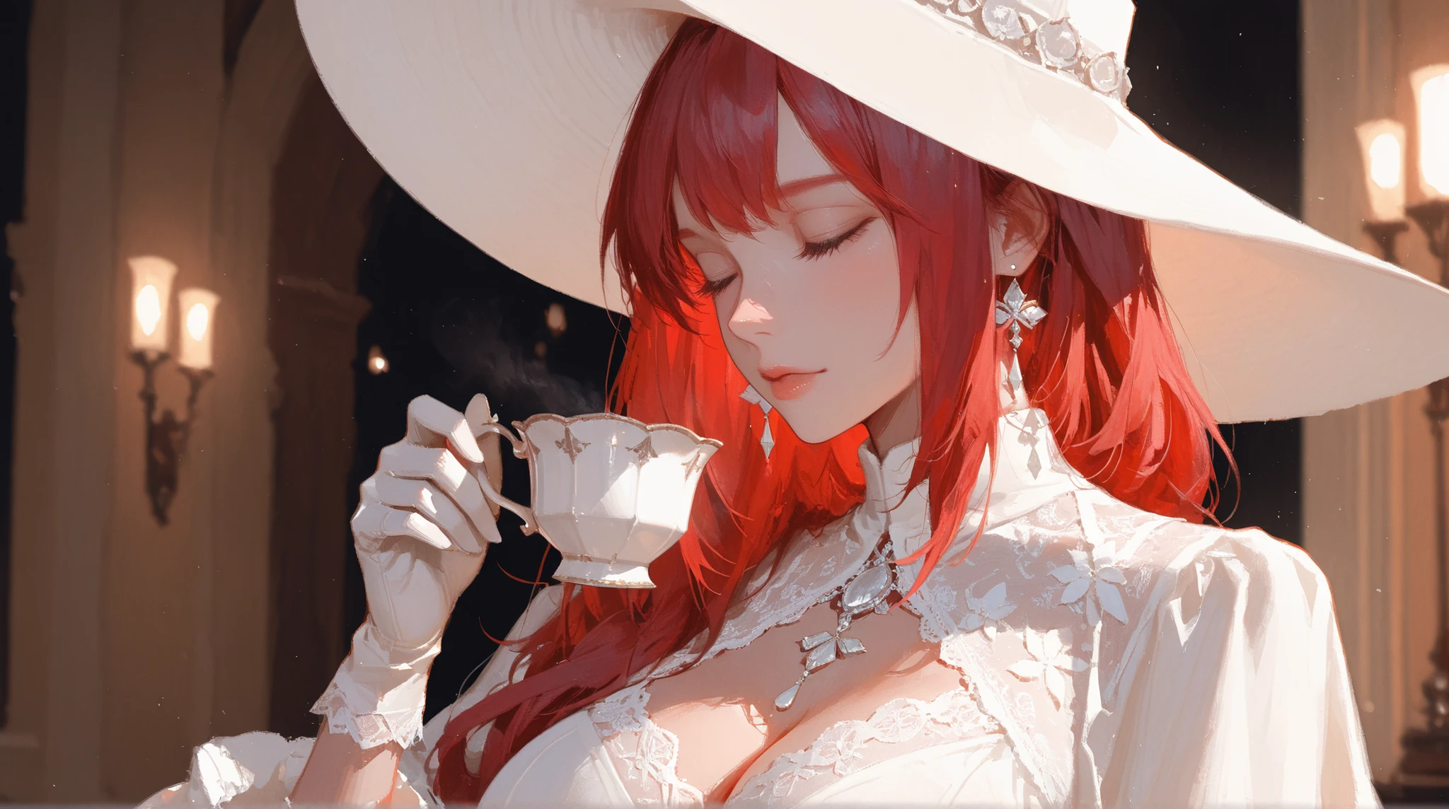 A beautiful woman with long, red hair, wearing a white, lace-trimmed top and gloves, a wide-brimmed white hat, and delicate white jewelry, holding a teacup. The image should be in a highly detailed, painterly style with a soft, romantic lighting, masterpiece, best quality,absurdres
