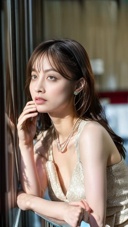 ((top-quality、8K、masterpiece:1.3))、Cinematic,1 Japan person model、Wistful expression、full body Esbian、Slim Faces、bvery pretty woman、Light makeup,(dark brown hair,so short hair)、very very gigantic boobs,see through dress、hyperdetailed face、A detailed eye、Black eyes,Elaborate necklaces,Large and elaborate earrings,blured background,Bracelet、Sitting in a plush chair,