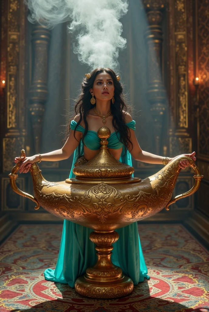 a gorgeous genie emerging from an oil lamp in a puff of smoke, beautiful detailed face and eyes, long eyelashes, ornate golden lamp, dramatic lighting, cinematic composition, highly detailed, intricate details, photorealistic, 8k, HDR, dramatic lighting, warm color palette, fantasy art, concept art, digital painting, chiaroscuro, harem pants, thin veil
