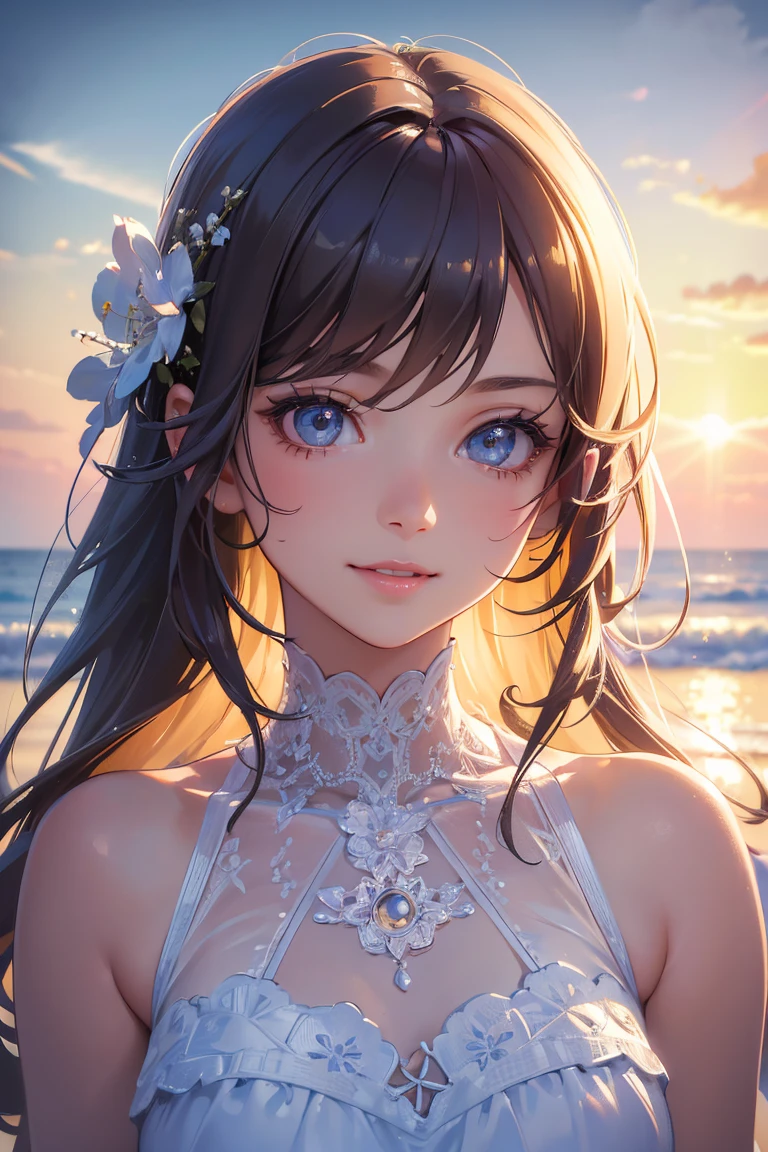 (masterpiece:1.5), ((ultra quality)), ((super fine illustration)), ((stunning cg)), (depth of field), 1girl, solo, ((portrait:1.2)), ((extreme beautiful girl:1.4)), ((16years old cute girl)), ((gradation colored hair silver hair:1.8 pale blue hair:0.2)), (extreme long hair), ((floating hair:1.2)), blue eyes, (intricate detailed pupils in eyes), (fine detailed iris in eyes), (fine eyelash), small bast, looking at viewer, bangs, french braid, parted mouth, (standing), parted lips, smile, ((white sun-dress)), ((lace-trimmed dress)), ((bare shoulder)), ((see-through:1.4)), earrings, ((outdoor)), ((daylight:1.2)), ((lakeside:1.2)),