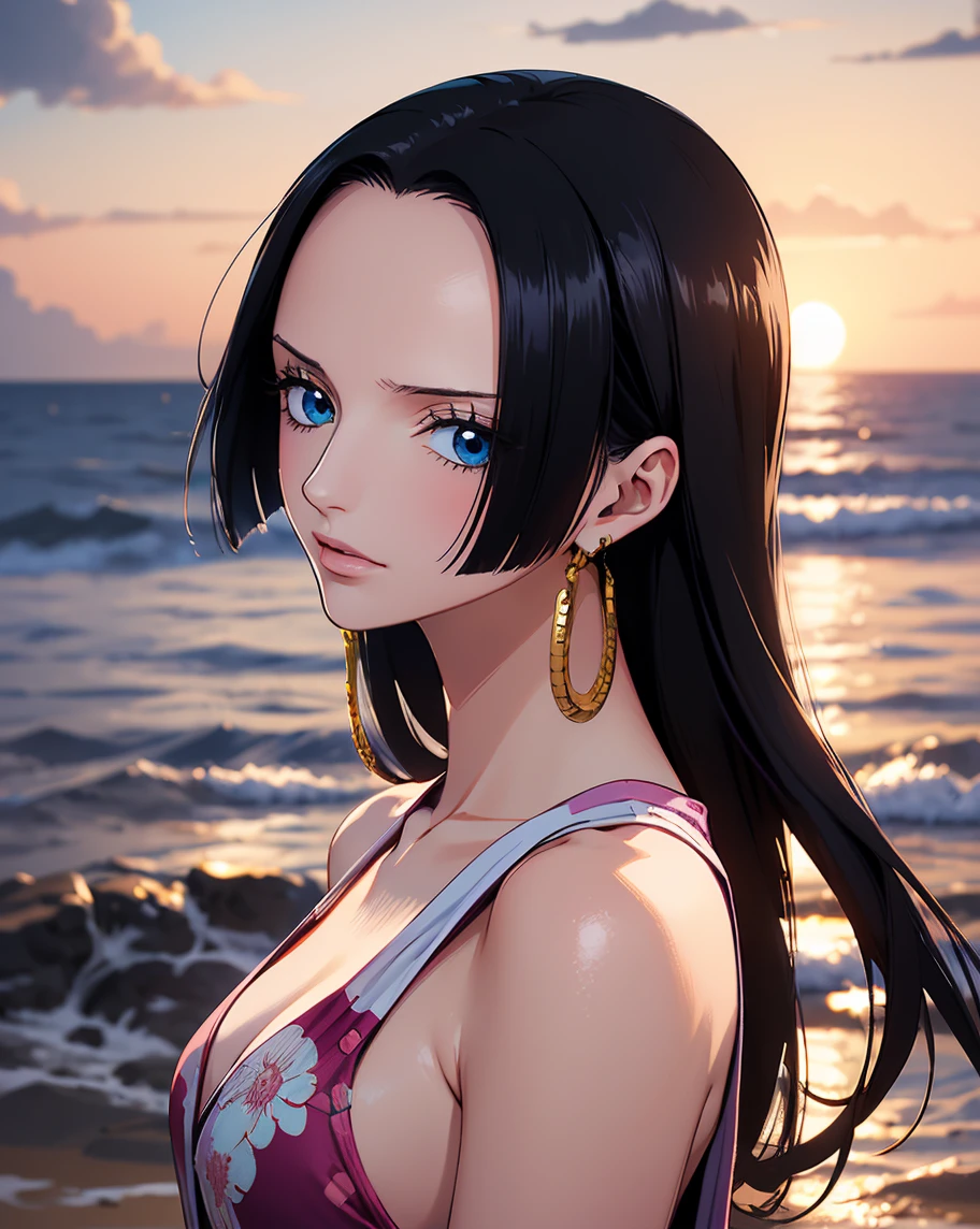 one-girl，Large breasts，cleavage，Off-the-shoulder attire，Be red in the face，Raised sexy，monkey d luffy, Smiling, Straw hat, Red vest，Solo,, ((Masterpiece)), (Best quality), (Extremely detailed), Depth of field, Anime screenshots, Scars under the eyes, preparing to fight, 黑The eye，Sea background