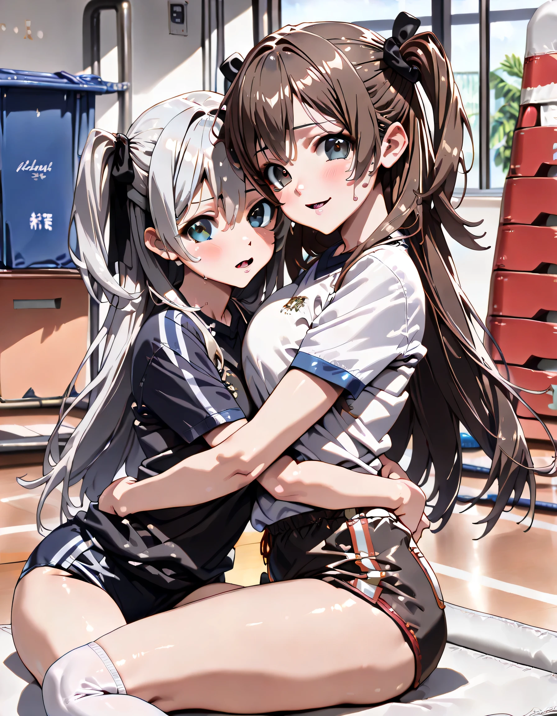((ultra-detailed)), (highly detailed CG illustration), (best quality:1.2), ultra-highly detailed, colorful composition, artistic photoshoot, 2 females, Two girls, hugging each other, sitting, ((cowboy shot:1.4)), moe anime character, 20 year old female, dainty facial structure, (round face), ((rounded chin:1.2)), ((ideal ratio body proportions)), celia-default, celia claire, ((blue eyes)), sparkle eyes, black hair color, long hair, ample breasts, (school gym uniform), (navy blue school gym buruma), ((seductive smile:1.6)), ((open mouth1.4)), ((full face blush:1.4)), ((sweat:1.6)), ((hugging)), ((dynamic pose)), 
moe anime character, 20 year old female, dainty facial structure, (round face), ((rounded chin:1.2)), ((ideal ratio body proportions)), celia-default, celia claire, ((blue eyes)), sparkle eyes, silver hair color, two side up, (hair ribbon with blue), (school gym uniform), (navy blue school gym buruma), ((sweat:1.6)), ample breasts, ((hugging, cheek-to-breast:1.3)), ((joyful:1.4)), ((closed eyes)), ((full face blush:1.4)), ((looking at viewer :1.4)),  (gymnasium storeroom), (sitting on a gymnastics mat), from side, masterpiece, expecting, pink cheek, blush, light pink gloss slip, portrait, depth of field, soft lighting, sidelighting, (shine), lighting, caustics, ray tracing, perfect face, lustrous skin, highly detailed face, highly detailed eyes, perfect face, perfect nose, perfect hair, perfect eyes, perfect anatomy, beautiful hair, beautiful small face, extremely detailed face, beautiful detailed eyes, beautiful clavicle, beautiful body, beautiful breasts, leavage, breasts squeezed together, equalize the size of the left and right breasts, beautiful thin thighs, beautiful legs, beautiful fingers, 4 fingers, 1 thumb, (highly detailed background:1.0), summer aesthetic, intricate details, the atmosphere of a good friend, chromatic aberration