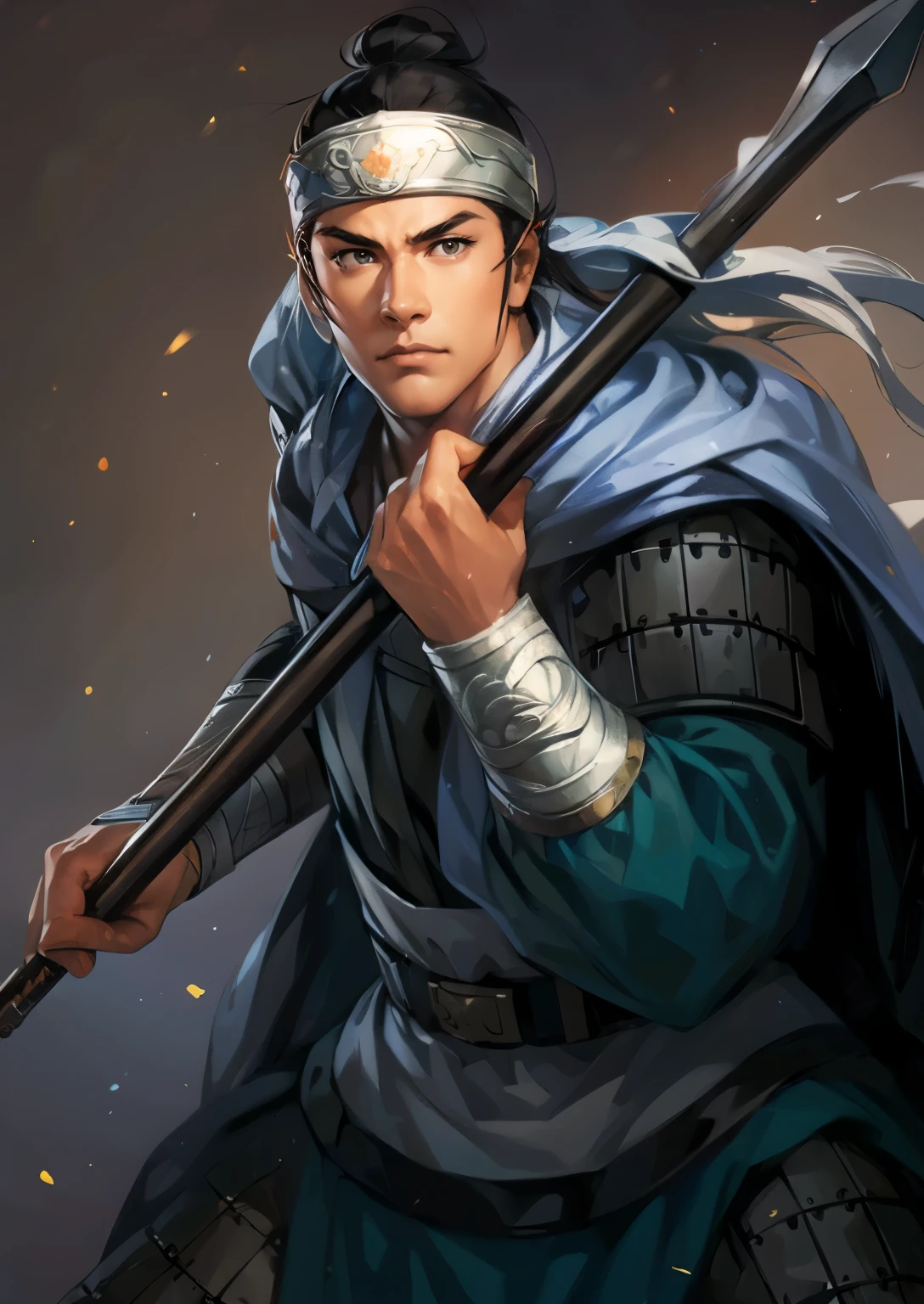 (((Maintain color ))), ((( picture style maintenance ))), ((Maintain the composition)), Attractive Man , perfect face, ((black eyes)), (( black hair)), General in armor, Man holding a spear