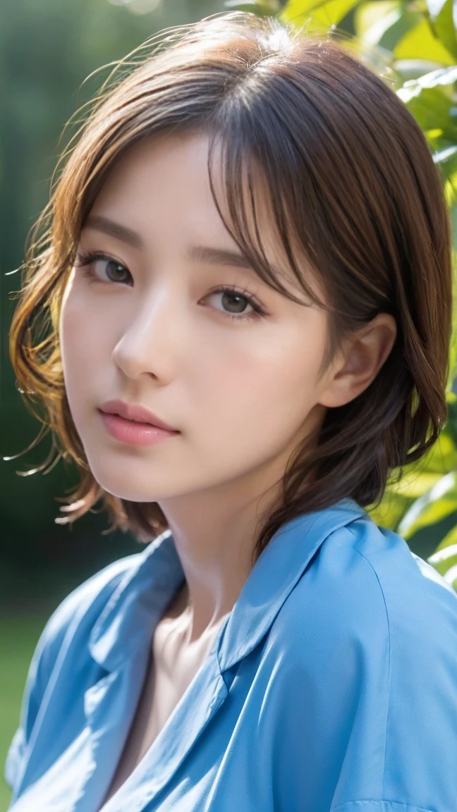 hyper realisitc, full-body, beautiful woman, typical tokyo fashion, beautiful legs, hyper realisitic detailed eyes, kind face, very natural detailed face complexion, blue shirt