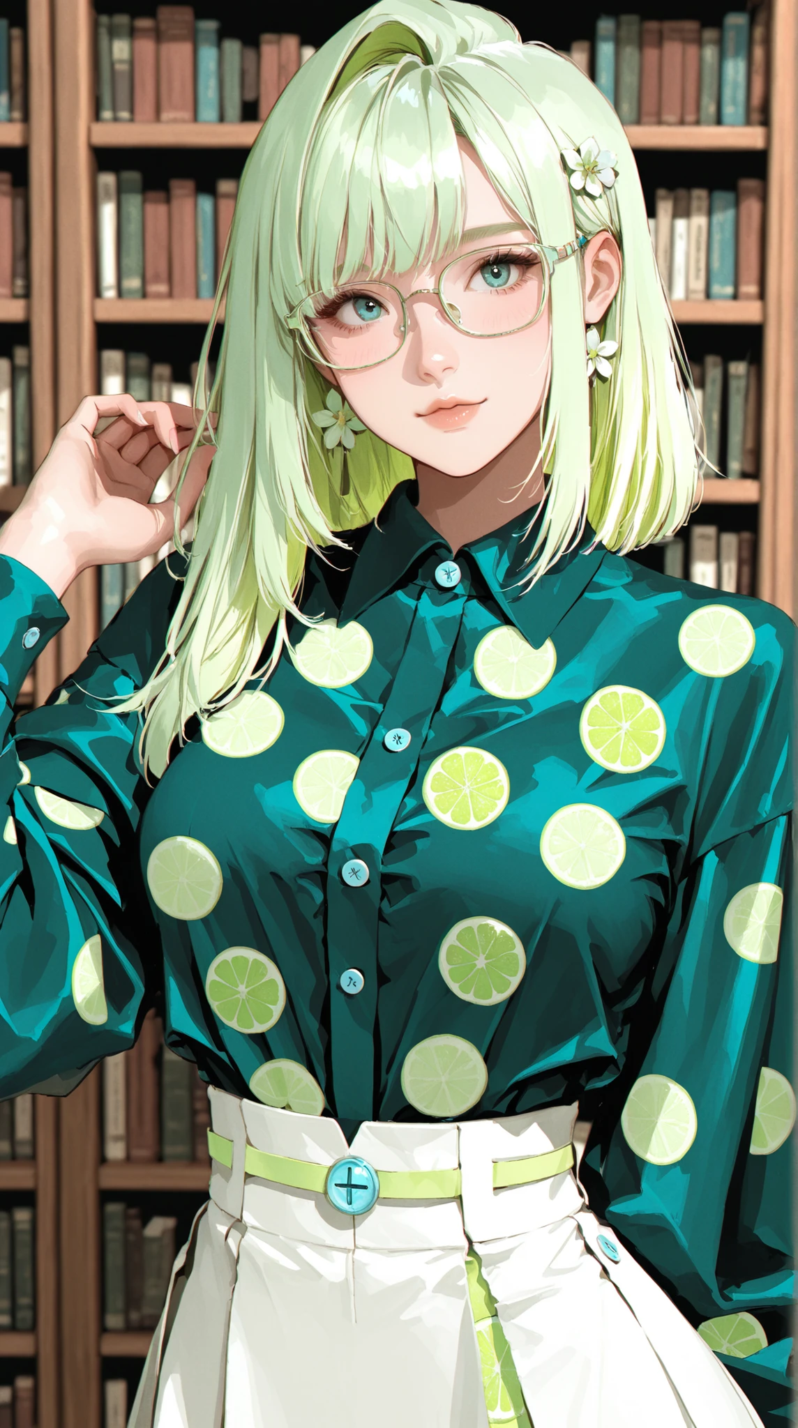 a top influencer woman, cute and intelligent, retro 60's style, fair skin, long green hair with flower clips, glasses, (blue button up crop top transparent lime print sleeves), (white high waist button up skirt), Library background,masterpiece, best quality,absurdres