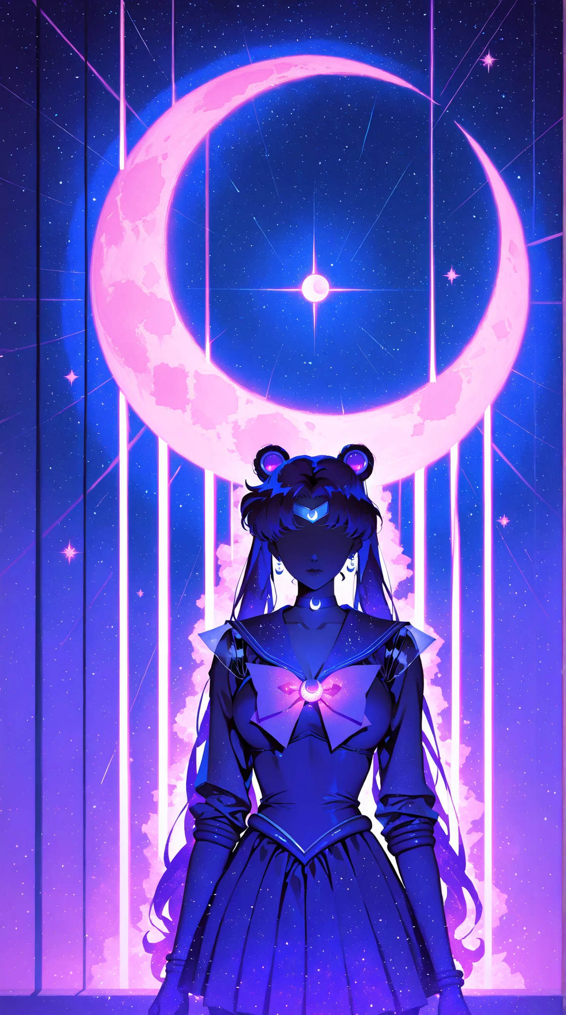 A silhouette of Sailor Moon, against a backdrop of a glowing pink crescent moon, with violet and purple hues, scattered stars, and a focus on elegant, flowing lines and shapes, reminiscent of anime art style.  digital painting quality with vibrant, muted, colors, and a soft, glowing effect around the moon,masterpiece, best quality,absurdres 