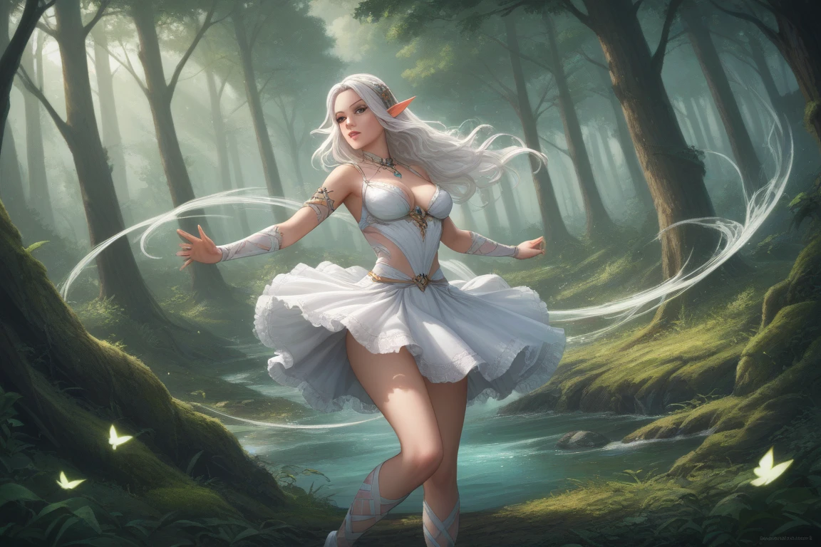 2D illustration, anime-style, beautiful girl, fairy, 16 years old, blonde, blue eyes, long ears, hair ornament, smiling, mechanical large transparent feathers growing on the back, white see-through one-piece skirt of ultra-thin fabric with open chest, no panties, floating hem, holding a magic wand in one hand, collar, bangle, anklet, bare feet, (( Person up, low angle, open legs, Crotch up)) Wet body, wet clothes, fantastic forest, ancient ruins, waterside, night sky, floating magic light, glowing water, wind blowing, ambient occlusion, halation