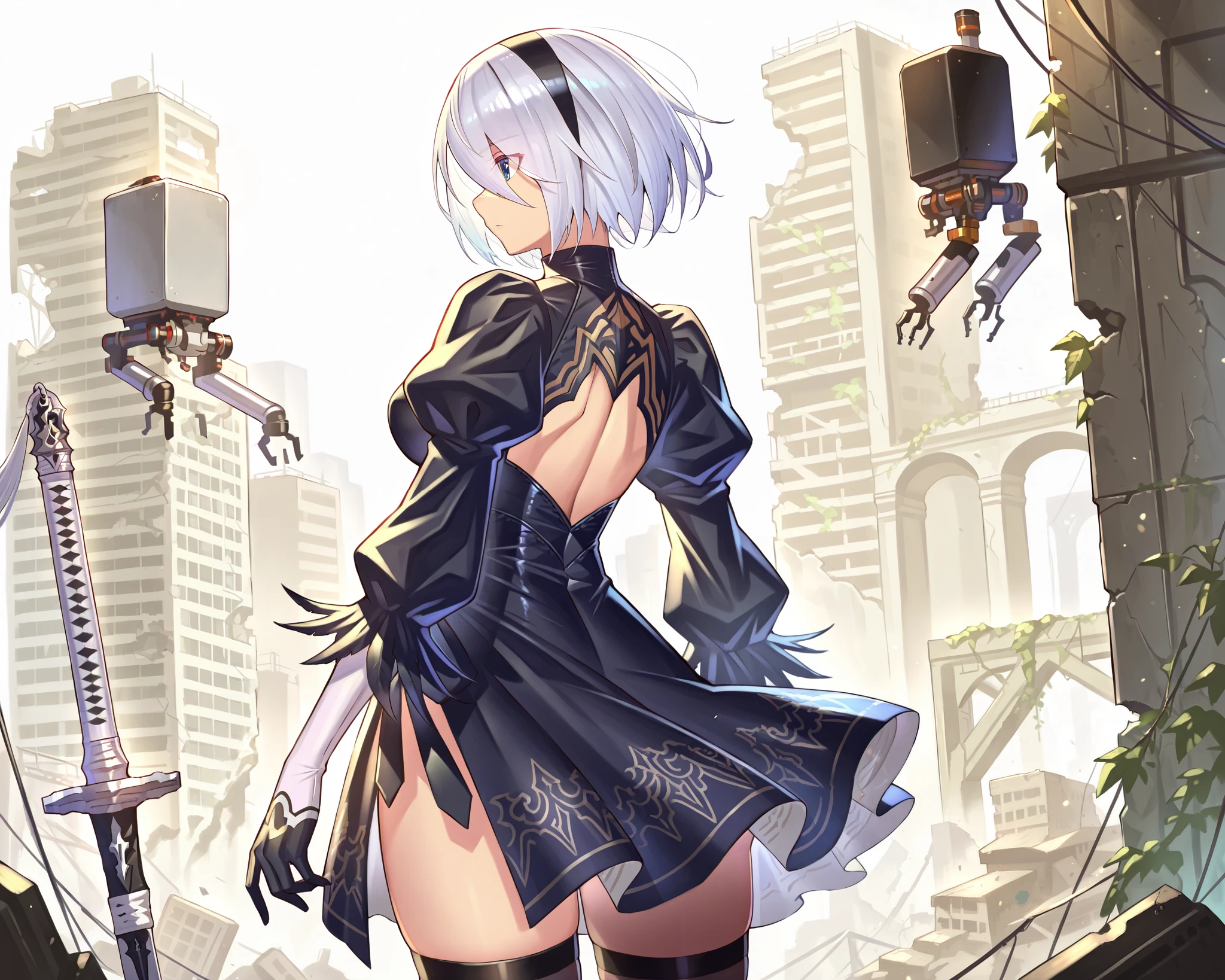 score 9, score 8 up, score 7 up, ultra-detailed, (best quality, masterpiece, ultra detailed, ultra high res, absurdres, high-resolution, highest quality, very aesthetic, textile shading), source anime, (detailed eyes), (detailed face), , , (takamine nadare), (2b /(nier/:automata/)), ruins, back, skirt,