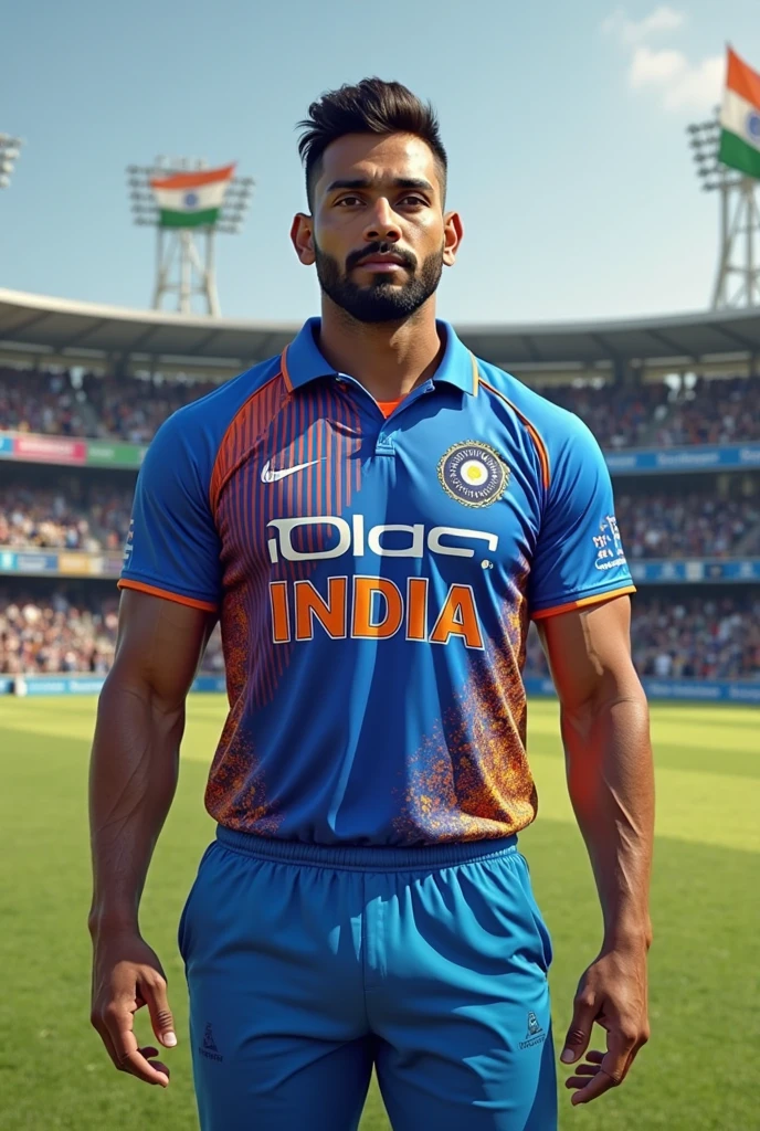 30 years old Muscular indian cricket player with sharp chin dimples beautiful eyes spiky black hairs fall on his face, in cricket stadium with tight blue jersey, standing in style, trending on artstation, sharp focus, studio photo, intricate details, highly detailed, head to thighs fit in photo