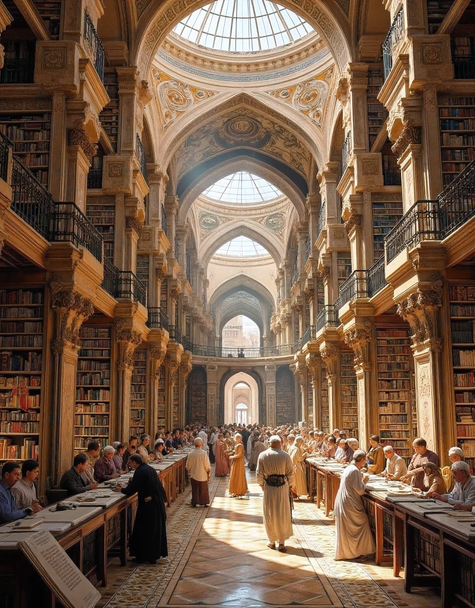 **Prompt:**     Imagine you are a historian walking through the bustling Bayt al-Ḥikmah library, the grand library of Baghdado during of its ancient zenith in the 8th century. Describe your journey as you explore the grandeur of this architectural marvel, built by Abbasid Caliph al-Mansur. What does the library of knowledge look like through your eyes? As you wander, you stumble upon the House of Wisdom Library. Illustrate the library's atmosphere, the scholars engaged in debate, and the wealth of scientific knowledge being exchanged. Consider how Persian architecture influences the aesthetic of the library. 