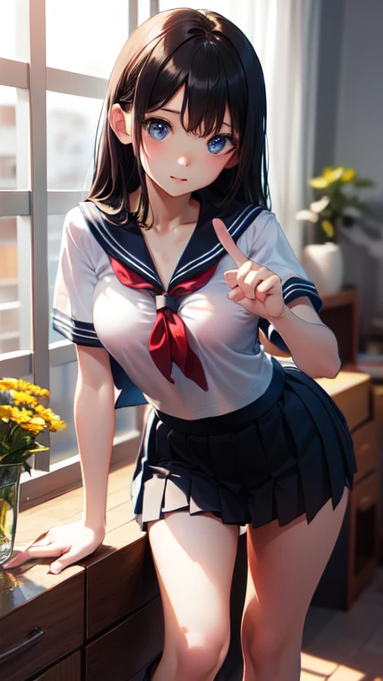 (masterpiece, best quality:1.2), front shot, 1girl, kawaii, (super big breasts, micro waist, very long legs:1.4), Black hair, (medium hair), short height, scrawny and thin body, tiny cute face, overjoyed, serafuku, pigeon-toed, wet and sweaty, big visible ribs, sex with ejaculating super big penis ugly man, Cowgirl position, V sign, Trembling