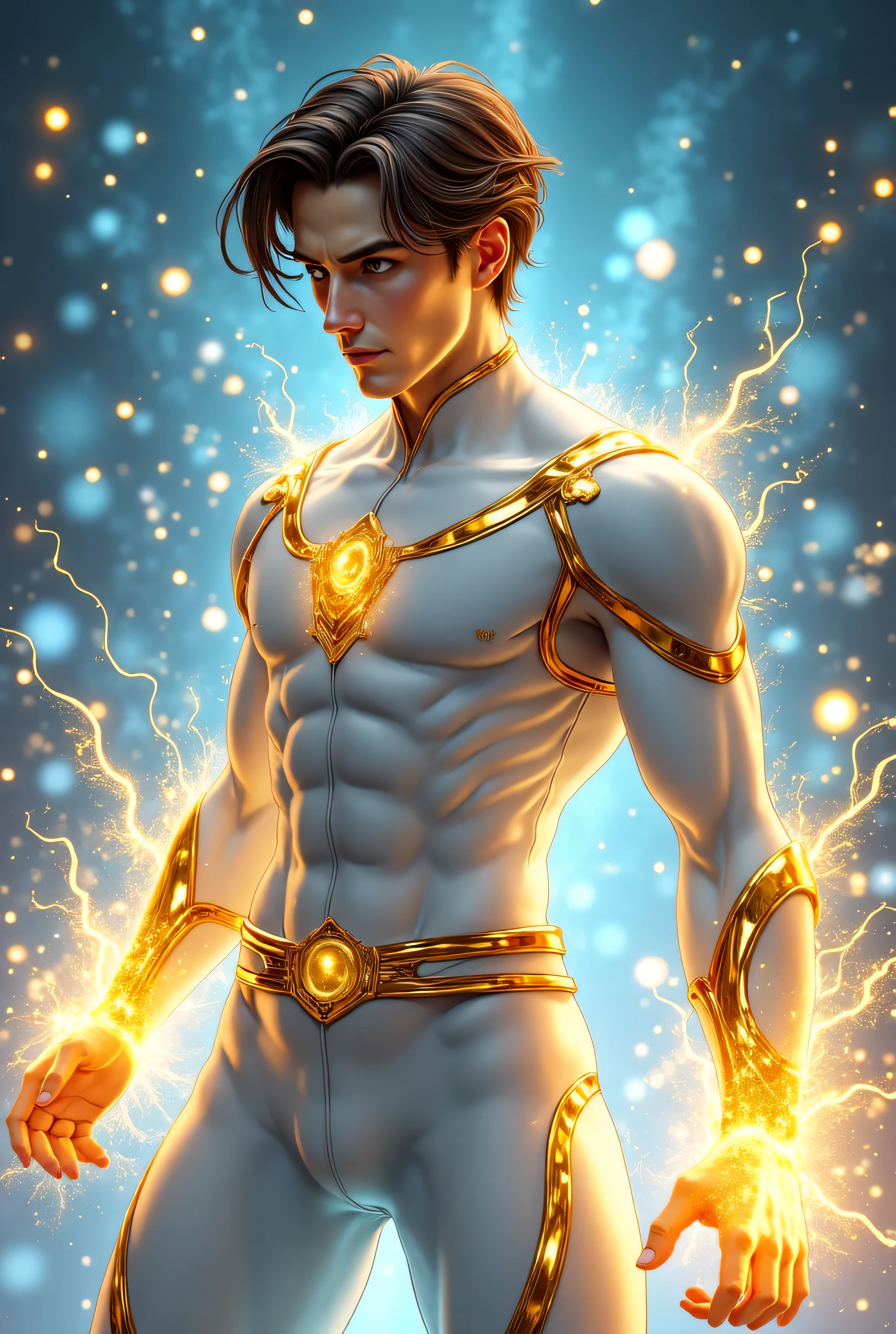wide view, full size, surreal fine art style hunk figure with skin symbolizing transient mortality, engulfed in ethereal and enchanting light indicating an everlasting realm, gaze lifted to infinite skies, soft volumetric light suffusing the scene, colors vivid and lifelike, golden ratio composition, trending on Art station, 8k quality photorealistic concept art, enveloped in a mysterious aura, utilizing complementary colors, octane rendering, Mysterious, glazing technique to achieve great depth and luminosity, glossy, shiny, highly detailed, masterpiece, triple exposure technique employed, ultra-detailed, cinematic.
