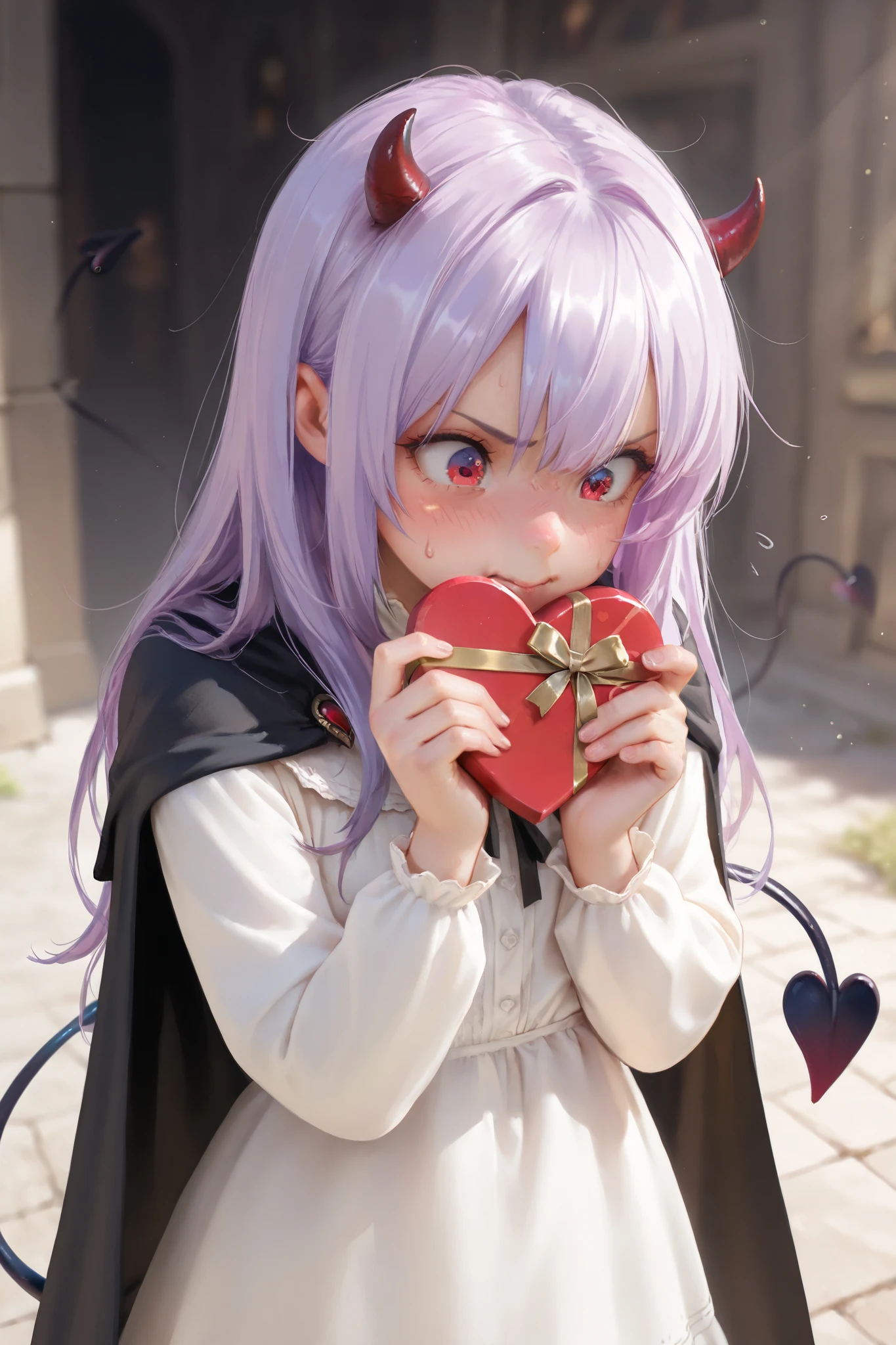 masterpiece, best quality, Detailed Eyes, girl, fantasy, long purple hair, tsundere, red eye, tiny and black horn, clumsy, cute face, semi realistic, 8k, black cape, small demon tail, white blouse, nervous emotion, solo charactor, holding heart shape chocolate box