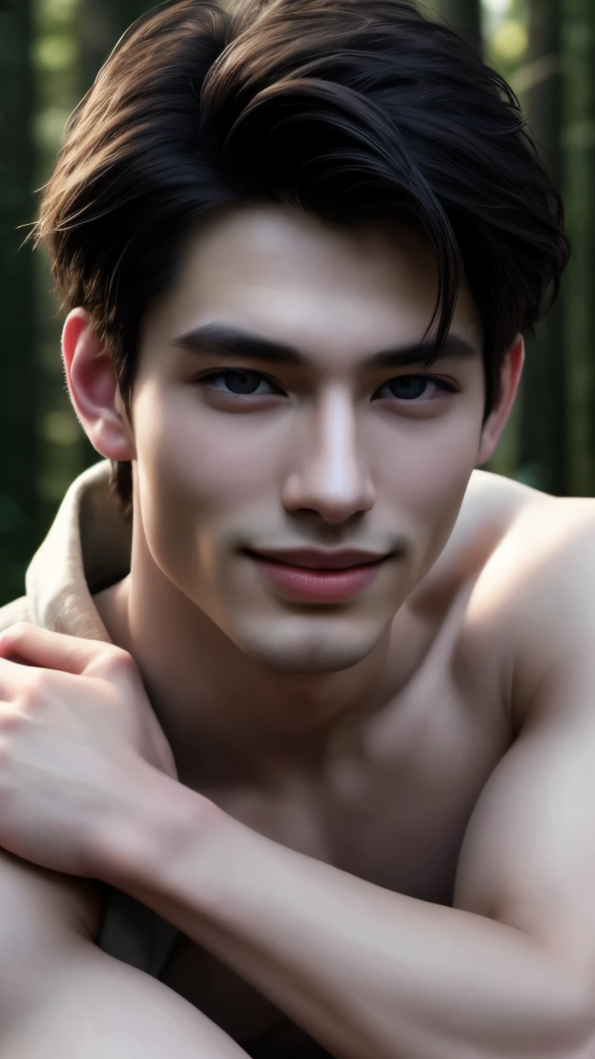 handsome Japanese man,28s,in the forest,hugging each other.