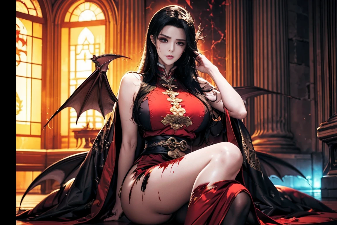 8K、top-quality、hight resolution、ultra-detailliert、​masterpiece、Raw photography:2、realisitic:2、Photorealsitic:2、extremely delicate and beautiful、finely detail、1womanl、(Super beautiful)、(beauitful face:1.5)、(A detailed face:1.3)、Vampire Princess、Sitting in a big chair、(with spreading legs)、(showing   panties:1.3)、(white  panties:1.3)、(Red dress:1.3)、(Has bat wings:1.3)、(There&#39;there&#39;s blood on her chest:1.7)、(nefarious smirk:1.4)、(Crescent Night:1.3)、Cinematic lighting、(At SFW:1.1)