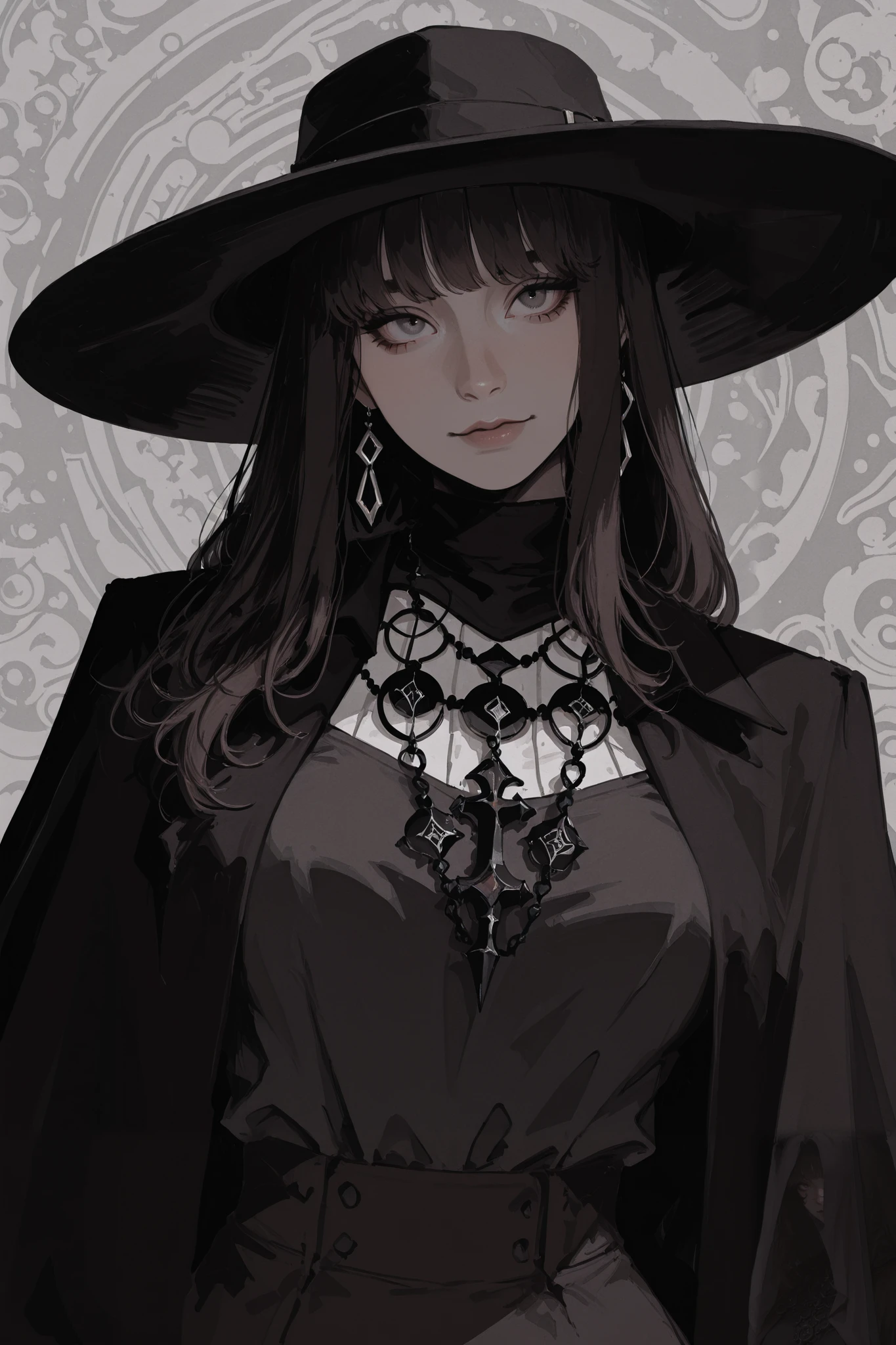  A striking portrait of a fashionably goth woman, rendered with detailed linework and a monochromatic color palette of black, gray, and hints of dark brown/black, featuring a wide-brimmed black hat and numerous dark necklaces and accessories.,masterpiece, best quality,absurdres 