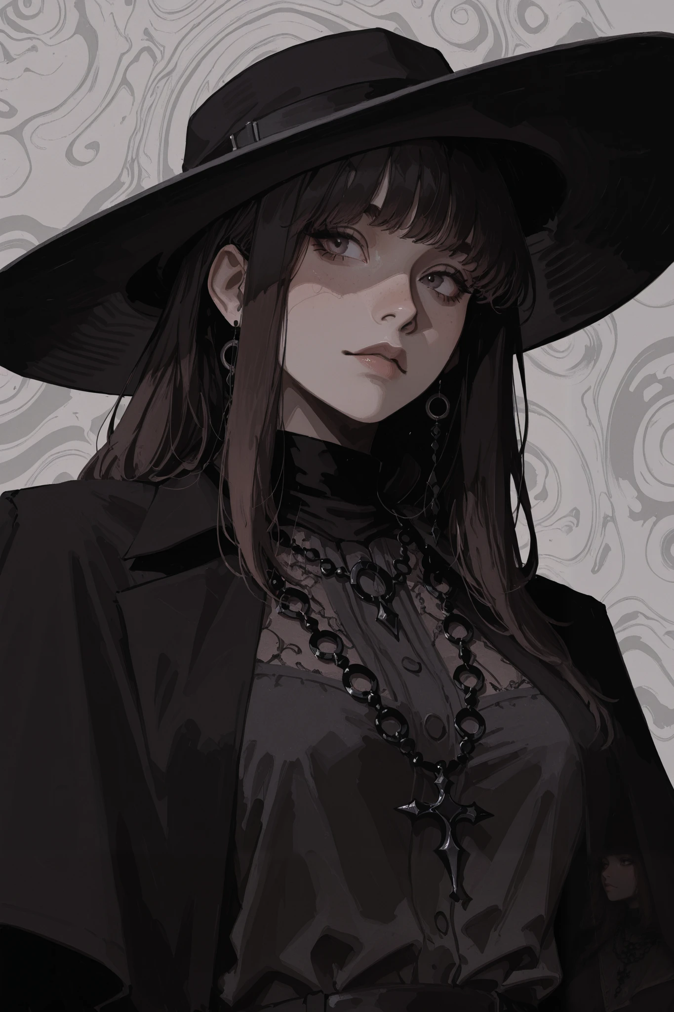 A striking portrait of a fashionably goth woman, rendered with detailed linework and a monochromatic color palette of black, gray, and hints of dark brown/black, featuring a wide-brimmed black hat and numerous dark necklaces and accessories.,masterpiece, best quality,absurdres