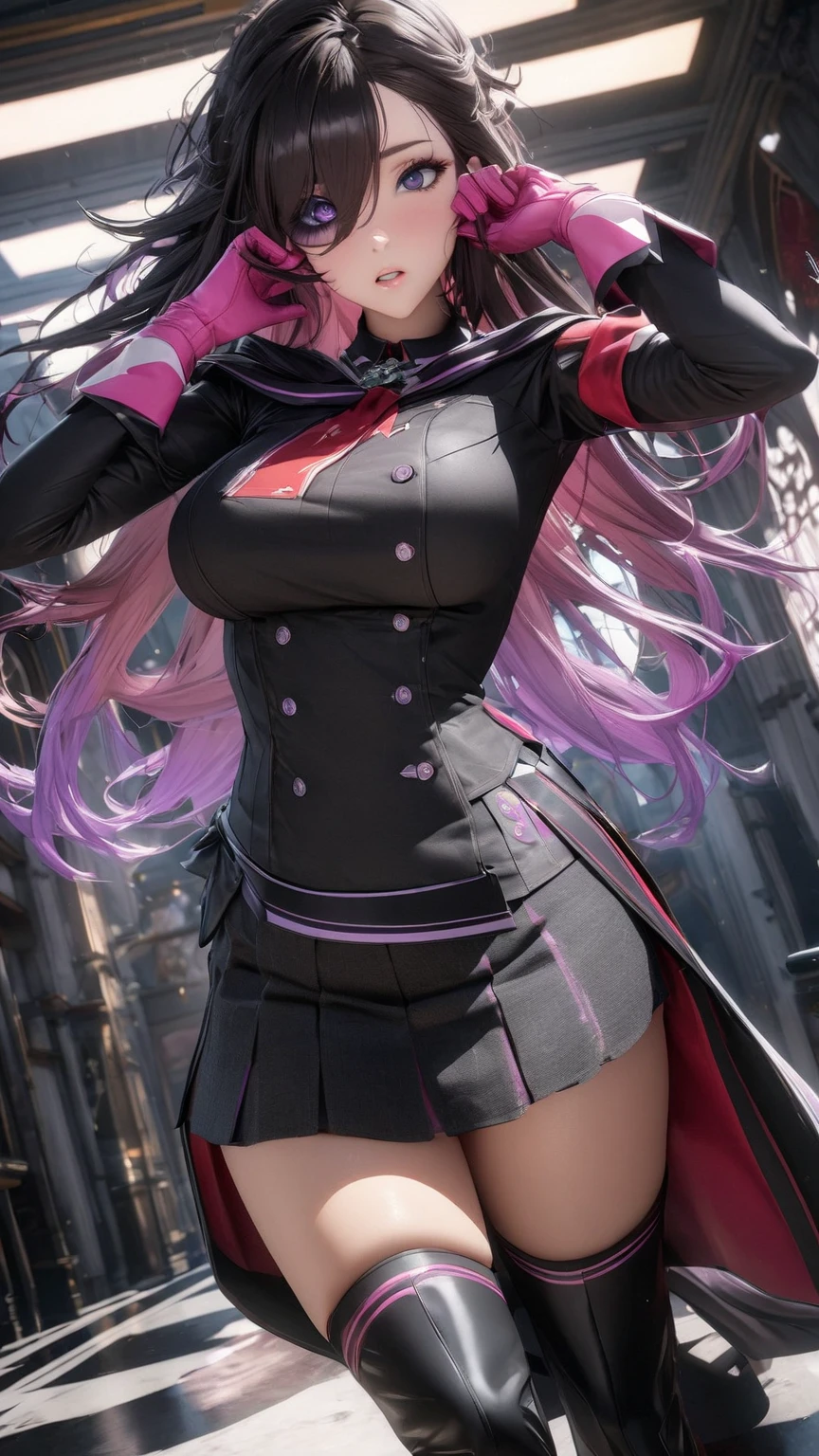 (((1 girl))) short hair, earings ,glossy lips ,team rocket uniform, red letter R, white skirt, white crop top, black thigh-high boots, black elbow gloves, evil smile, looking at viewer, cowboy shot, arms crossed, full body photo Mercedes von Martritz (Fire Emblem: Three Houses)