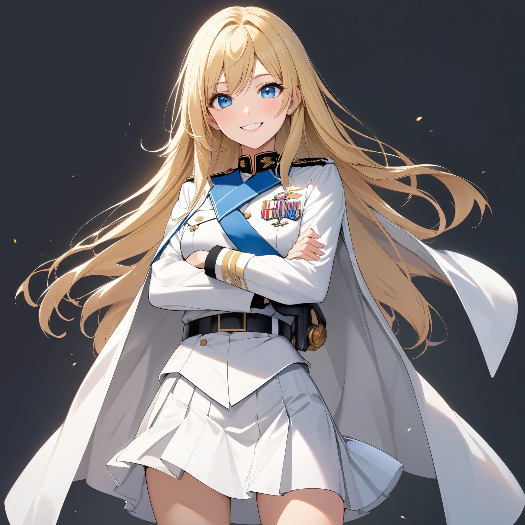 High resolution, high quality, HD, beautiful female, 1 female, beautiful, ager, cheerful, smiling, medium breasts, long straight hair, blonde hair, blue eyes, white military uniform, white skirt, shor skirt, white cape, black boots, cross arms