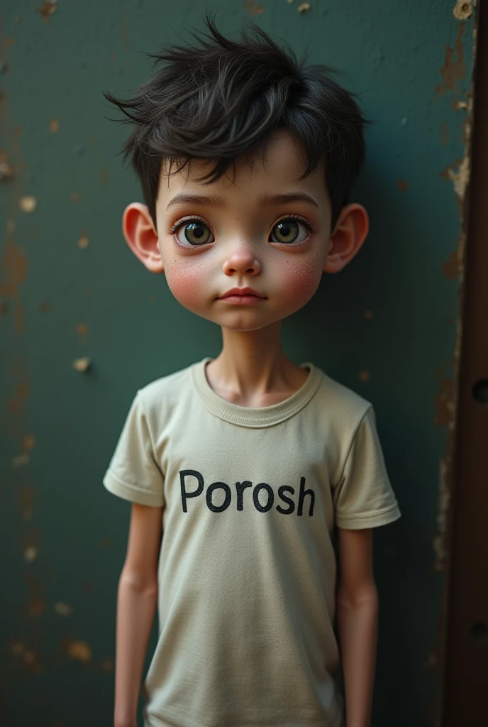 Boy with short brown hair showing his muscles, sixpack, shaved, he has a tatto on his chest where stands Ronja, jawline, big nose, green eyes, Realistic photo