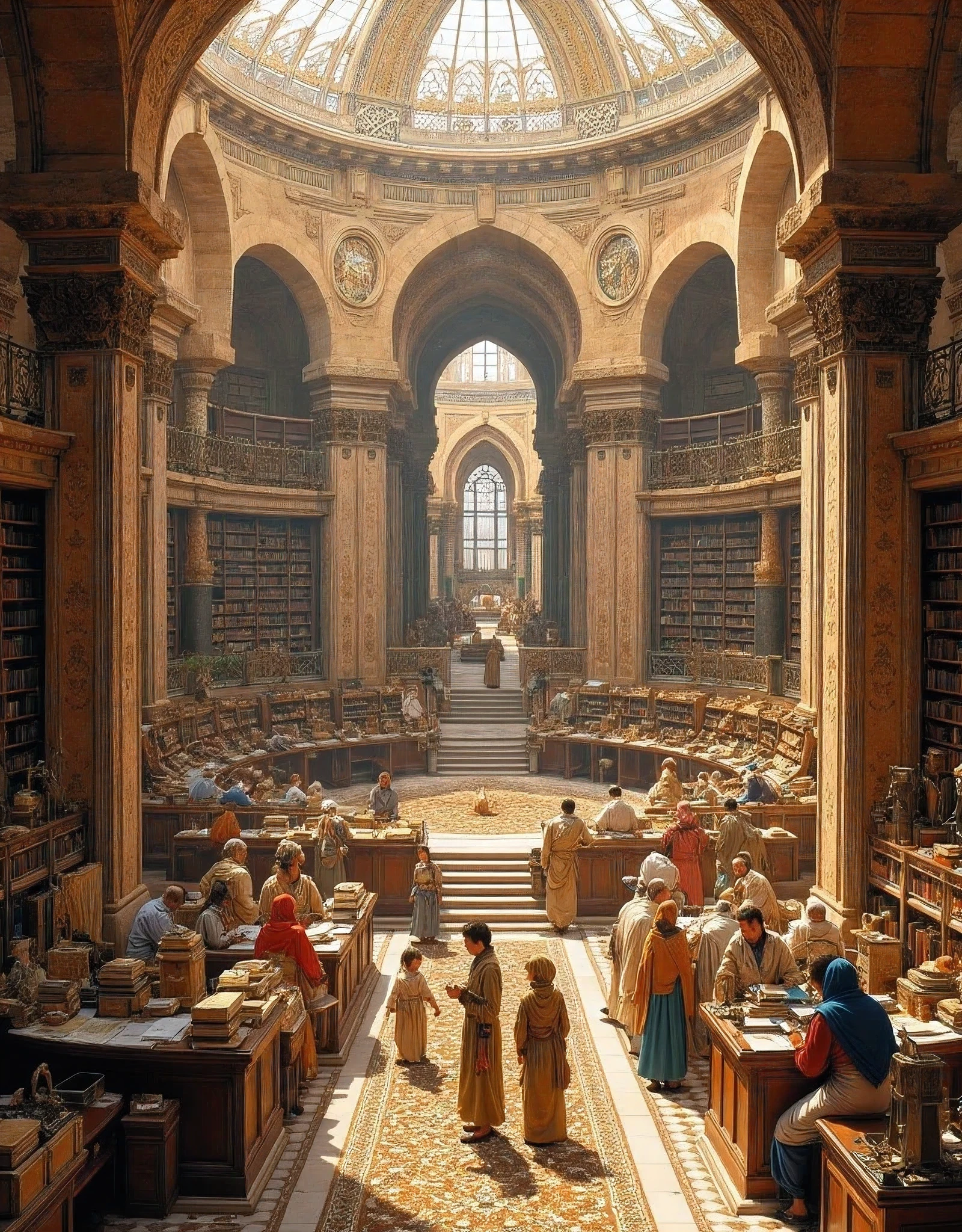 **Prompt:** Imagine you are a historian walking through the bustling Bayt al-Ḥikmah library, the grand library of Baghdado during of its ancient zenith in the 8th century. Describe your journey as you explore the grandeur of this architectural marvel, built by Abbasid Caliph al-Mansur. What does the library of knowledge look like through your eyes? As you wander, you stumble upon the House of Wisdom Library. Illustrate the library's atmosphere, the scholars engaged in debate, and the wealth of scientific knowledge being exchanged. Consider how Persian architecture influences the aesthetic of the library.