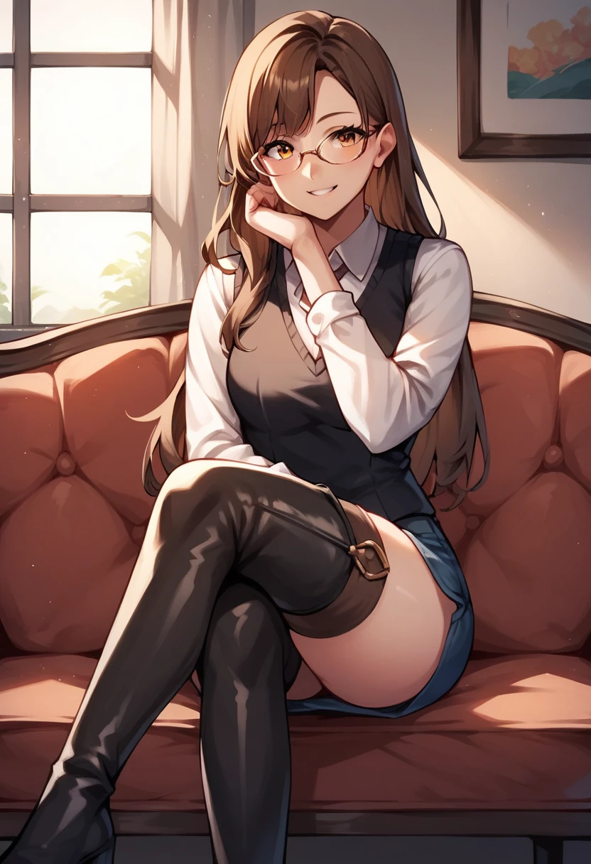 score_9, score_8_up, score_7_up, score_6_up, score_5_up, score_4_up, source_anime, 1girl,lora:amber1-000008:1>, amber5star, upper body, smile, young, brown hair, long hair, brown eyes, glasses, black vest, white shirt, over the knee boots, crossed legs, looking at the viewer, sofa, sit, room, best quality, best res, 4K UHD,