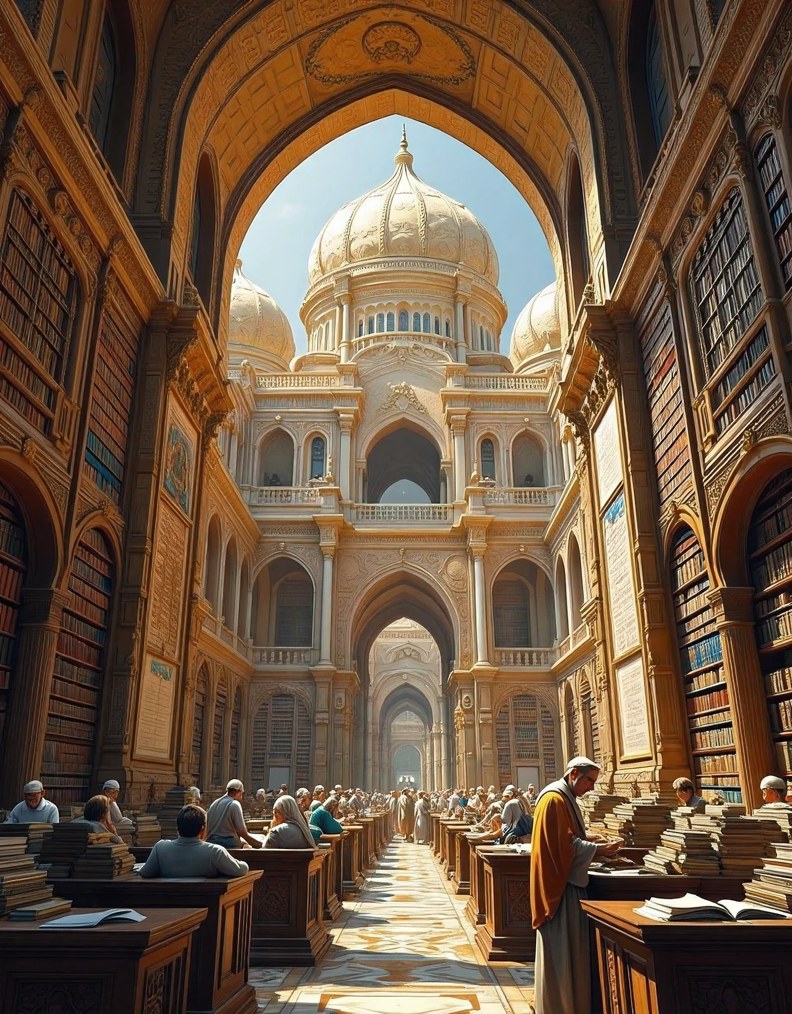 **Prompt:** Imagine you are a historian walking through the bustling Bayt al-Ḥikmah library, the grand library of Baghdado during of its ancient zenith in the 8th century. Describe your journey as you explore the grandeur of this architectural marvel, built by Abbasid Caliph al-Mansur. What does the library of knowledge look like through your eyes? As you wander, you stumble upon the House of Wisdom Library. Illustrate the library's atmosphere, the scholars engaged in debate, and the wealth of scientific knowledge being exchanged. Consider how Persian architecture influences the aesthetic of the library.