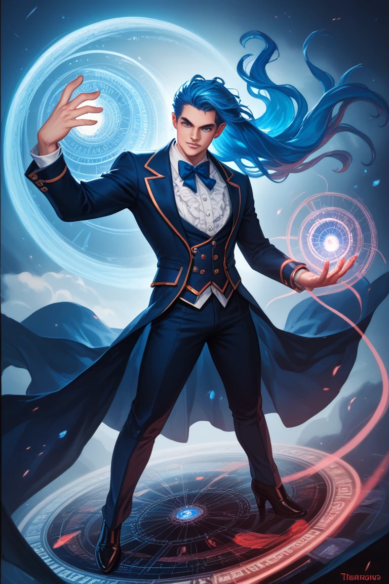surreal dreamy cool male vampire with blue powers, full body, random pose, long hair, hyper detailed and intricate. with nuances in tones,